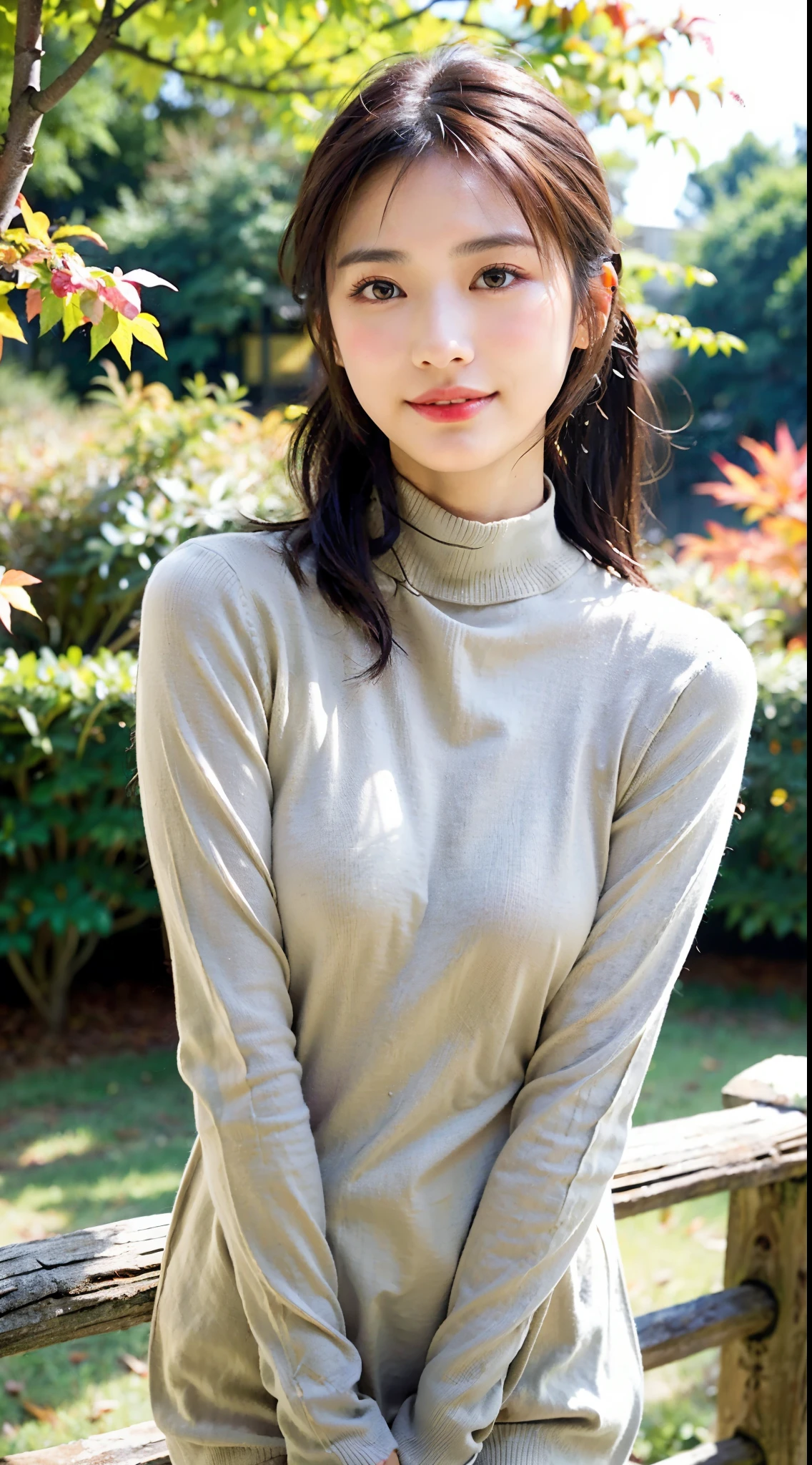 Japan pretty women、1 persons,Super clean and slender、Excellent style 、An ultra-high picture quality、extremely delicate face, Skin and hair、top ponytail hair、Trailing hair,light brown hair、((Olive turtleneck sweater dress)),long boots、Hide your chest with your arms、Shibuya、8k picture、A very cute Japan detached face、A slender、middlebreasts、Eyes and nose stand out clearly、Gentle eyes、A smile,Autumn foliage background
