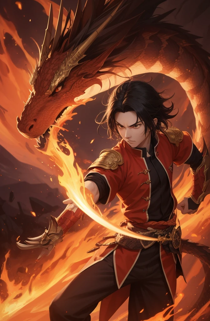 Produce a high-resolution digital image that depicts the Demon Slayer character Tanjiro wielding his sword, where the fire that surrounds her takes the form of a dragon. Tanjiro deve ser representado em detalhes realistas, displaying your determined posture and focused expression. Sua espada deve estar envolta em chamas intensas, Que, ao se erguerem, take the form of a majestic dragon, com suas chamas fluindo e se contorcendo como se fossem asas, tail and body of a dragon in flight. As chamas devem transmitir um efeito visual impressionante, combinando toneladas de laranja, vermelho e amarelo, emanando calor e energia. Use light and shadow effects to create a dramatic atmosphere and highlight Tanjiro'his leading role in controlling this manifestation of fire in the form of a dragon, capturing the essence of your determination and power.