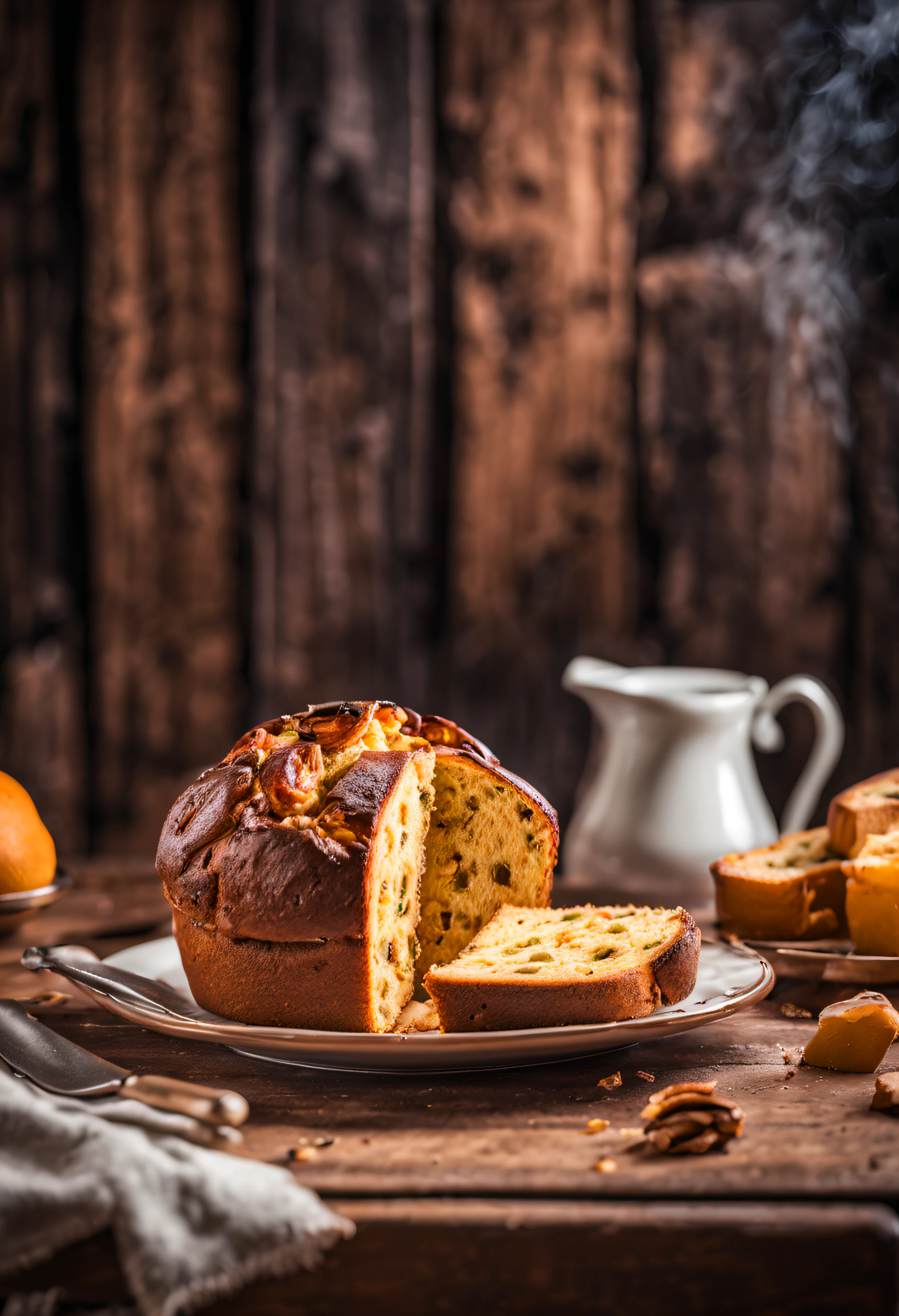 juicy Milanese panettone, one slice cut, smoke coming out on a beautiful rustic wooden table with a delicious ultra detailed breakfast, Real Photo, promotional photo, hdr, adobe lightroom