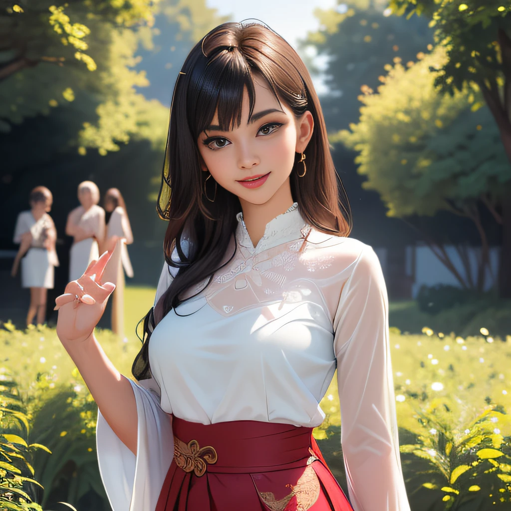 (Extremely detailed 8k wallpaper:2), (photo:2), (25 years old soigne Beautiful girl:2), (gives a lecture to friends:2), detailed (Face and eyes), (hyper realistic:1), (highly detailed:1), (epic realistic:1), rim light, (maximum details:1), cozy, (fullbody:1.3), (looking at viewer:2), (Woman's Attractive Qualities:2), (Attractive Woman:2), (Attractive:2), Smile, Intelligence, Empathy, Gracefulness, Sense of Style, Fitness, Grooming, Optimism, (Sensitivity:2), Sincerity, Romantic Gestures, Playfulness, Fashion Sense, (Sensuality:2), Charm, Modesty, Thoughtfulness, (Femininity:1), Flirtatiousness, Warmth, (Physical attractiveness:2), A beautiful smile, A love of life, strength and power, vulnerability, curiosity, wonder, love, (nature background:2), kawaii, waifu, Beautiful breasts, (attractive body:2), (Beautiful body:2), Beautiful pose, attractive pose, (Beautiful legs:1.0), (Beautiful clothes:1), (classic clothes:2), (elegant clothes:2), (European clothes:2), detailed clothes, (skirt:1), (blouse:1), (provocative pose)
