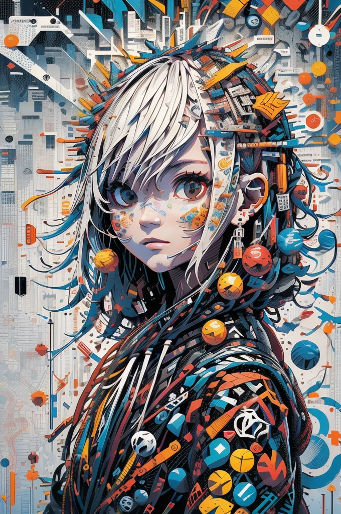 (masutepiece, of the highest quality, of the highest quality, Arte Oficial, Beauty and Aesthetics: 1.2), (uma : 1.4), tiro de corpo inteiro, (Muitos adesivos: 1.5), Detalhe extremo, (Arte Fractal: 1.3), (Adesivos de personagens e logotipos: 1.5), Detalhes mais altos, (Mechanical modification: 1.3), (Corrigido: 1.2), donzela, (Muitos adesivos da moda: 1.4), (Muitos adesivos em diferentes formatos: 1.7 ),Adesivos por todas as paredes da sala,