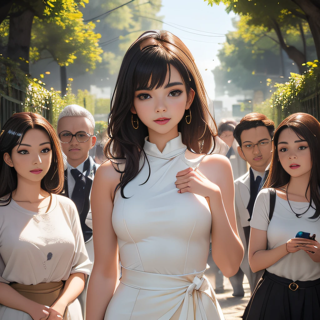 (Extremely detailed 8k wallpaper:2), (photo:2), (25 years old soigne Beautiful girl:2), (gives a lecture to friends:2), detailed (Face and eyes), (hyper realistic:1), (highly detailed:1), (epic realistic:1), rim light, (maximum details:1), cozy, (fullbody:1.3), (looking at viewer:2), (Woman's Attractive Qualities:2), (Attractive Woman:2), (Attractive:2), Smile, Intelligence, Empathy, Gracefulness, Sense of Style, Fitness, Grooming, Optimism, (Sensitivity:2), Sincerity, Romantic Gestures, Playfulness, Fashion Sense, (Sensuality:2), Charm, Modesty, Thoughtfulness, (Femininity:1), Flirtatiousness, Warmth, (Physical attractiveness:2), A beautiful smile, A love of life, strength and power, vulnerability, curiosity, wonder, love, (nature background:2), kawaii, waifu, Beautiful breasts, (attractive body:2), (Beautiful body:2), Beautiful pose, attractive pose, (Beautiful legs:1.0), (Beautiful clothes:1), (classic clothes:2), (elegant clothes:2), (European clothes:2), detailed clothes, (skirt:1), (blouse:1), (provocative pose)