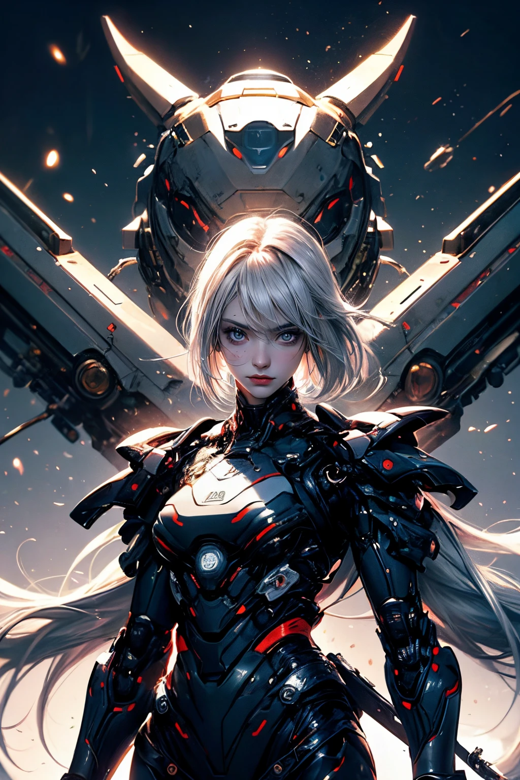 CG Mecha, Beautiful eyes, Upper body, （Mechanic Armor）, Portrait,jet suit、flying though the air、patrol、 police officers、flawless、Neon light, 8K, raw, Best Quality, masutepiece, 超A high resolution, Colorful, (medium wide shot), (Dynamic perspective), foco nítido , (depth of fields, Bokeh:1.3), extremely detailed eye and face,ninjartist, Beautiful detailed eyes、Black gold, Trimmed gear:1.2), ((masutepiece, Best Quality)), Detailed background, Inside the spacecraft、Hold your weapon、（Gray hair）、brue eyes、poneyTail、dirty、bio luminescent、fullmoon、Photographed with Canon R5、Dark Fantasy,​masterpiece,connected to the plug、spectrum、Space City