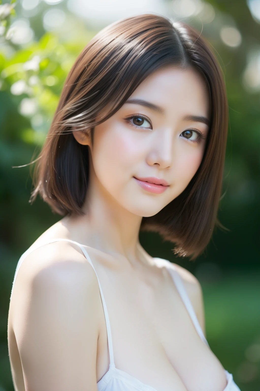 (great masterpiece、hightquality、high-level image quality)、((Beautiful and cute:1.3、A Japanese Lady、Sexy Idol、Sense of cleanliness、pure、affectionate))、、(Perfect and correct anatomy、plump and beautiful limbs、Healthy body),(wretched、bobhair、Black eyes)、Perfect body、Colossal tits、Happiness、cool summer、a comfortable and relaxing day、sunlights、(Professionally taken photos,、in bad)、