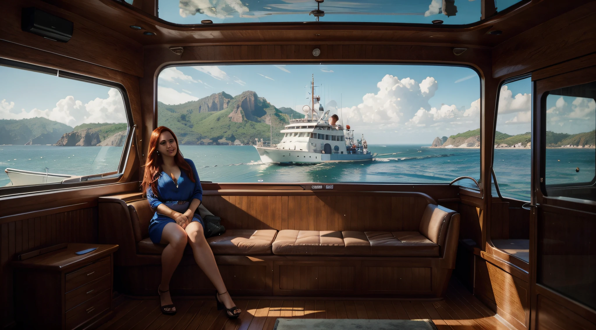 boa qualidade, Dentro do Navio, 1 mulher jovem bonita, rosto perfeito, sem deformidades, olhos azuis, red hair, [She in the picture is very large in the foreground] colar de pedra azul, dentro de um grande barco, sentado, BARCO no meio do mar calmo, sem ondas, , inspirado em Evgeny Lushpin, realistic illustration, [[dentro do veleiro]] photorealistic illustration, a photorealistic rendering, Inspirado no besouro, ultra realistic illustration, realism rendering, stylized digital illustration, estilo realista, ultrarealistic illustration, inspirado em Tim Hildebrandt, beautiful rendering, hyperrealistic illustration, magical realism style