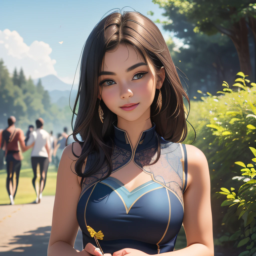 (Extremely detailed 8k wallpaper:2), (photo:2), (25 years old soigne Beautiful girl:2), (gives a lecture to friends:2), detailed (Face and eyes), (hyper realistic:1), (highly detailed:1), (epic realistic:1), rim light, (maximum details:1), cozy, (fullbody:1.3), (looking at viewer:2), (Woman's Attractive Qualities:2), (Attractive Woman:2), (Attractive:2), Smile, Intelligence, Empathy, Gracefulness, Sense of Style, Fitness, Grooming, Optimism, (Sensitivity:2), Sincerity, Romantic Gestures, Playfulness, Fashion Sense, (Sensuality:2), Charm, Modesty, Thoughtfulness, (Femininity:1), Flirtatiousness, Warmth, (Physical attractiveness:2), A beautiful smile, A love of life, strength and power, vulnerability, curiosity, wonder, love, (nature background:2), kawaii, waifu, Beautiful breasts, (attractive body:2), (Beautiful body:2), Beautiful pose, attractive pose, (Beautiful legs:1.0), (Beautiful clothes:1), (classic clothes:2), (elegant clothes:2), (European clothes:2), detailed clothes, (skirt:1), (blouse:1), (provocative pose)