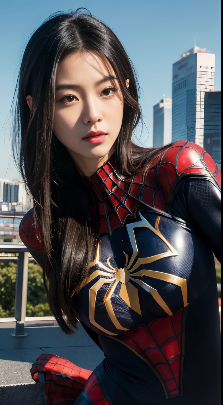 1girl in, (((japanese beautiful woman))),(((Spider-Man Suit))),(((No mask)))，(((mask off)))，(((Show your face:1.1)))，(((A dark-haired))),  Slim body,full-shot, Spider-Man pose, fighting poses，Dynamic Poses，frombelow, looking at the viewers, (Japanese landscape), (城市),Skyscrapers，On the roof of a building， 细致背景,Photorealsitic、a picture、​masterpiece、reallistic、真实感、photorealisim、High contrast、Photorealistic Art Station Trending Digital Art 8k HD High Definition and Detailed Realistic, detaileds, Skin Texture, ultra-detailliert, realistic skin textures, armature, top-quality, 超A high resolution, (Photorealsitic:1.4),, hight resolution, detaileds, Raw foto, Sharp Re, Nikon D850 Film Stock Photo by Lee Jefferies 4 Kodak Portra 400 Camera F1.6 lenses rich colors hyper realistic lifelike textures dramatic lighting unreal engine artstation trends synestil 800,