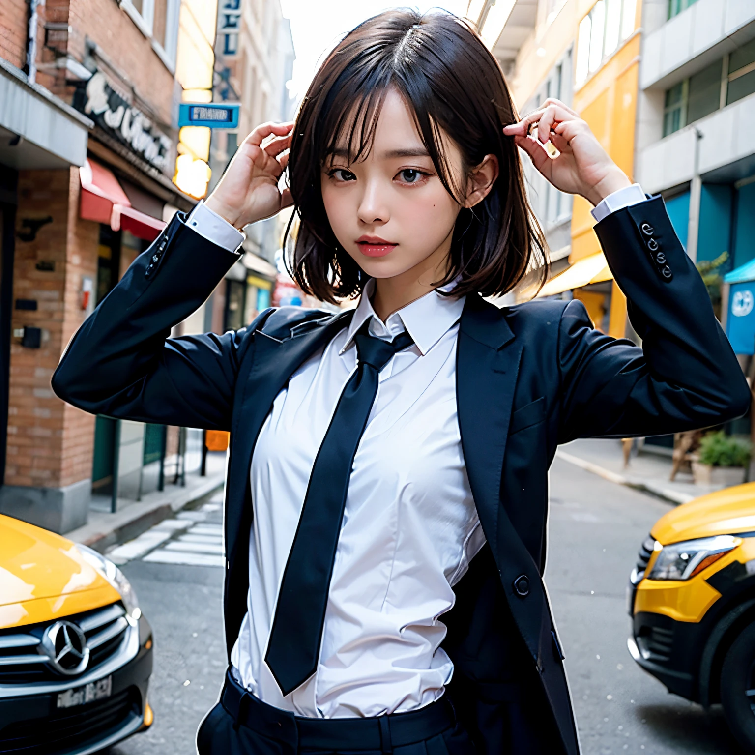 (masutepiece, Best Quality:1.2), 8K, Official art, Full body photo, full body Esbian、Back angle、turned around、cute butt、Suits、Embarrassing black hair、years、small tits、Eyes closed、Deep sadness、Sorrow、look up sky、screeming、 unbelievable Ridiculous, (Upper body, Dark blue suit:1.4), Beautiful Girl, Pretty Face, arching back down, cute panty、Gold hair ornament on hair、Wearing a cute suit、close up, Wearing a suit, Short sleeve, gardenia, violaceaess, Teen, Street, Looking at Viewer, Film grain, chromatic abberation, Sharp Focus, face lights, Dynamic lighting, Cinematic lighting, Eyes and faces with detailed, Bokeh background, (Tie with Emma written on it、1 copy:1.2)