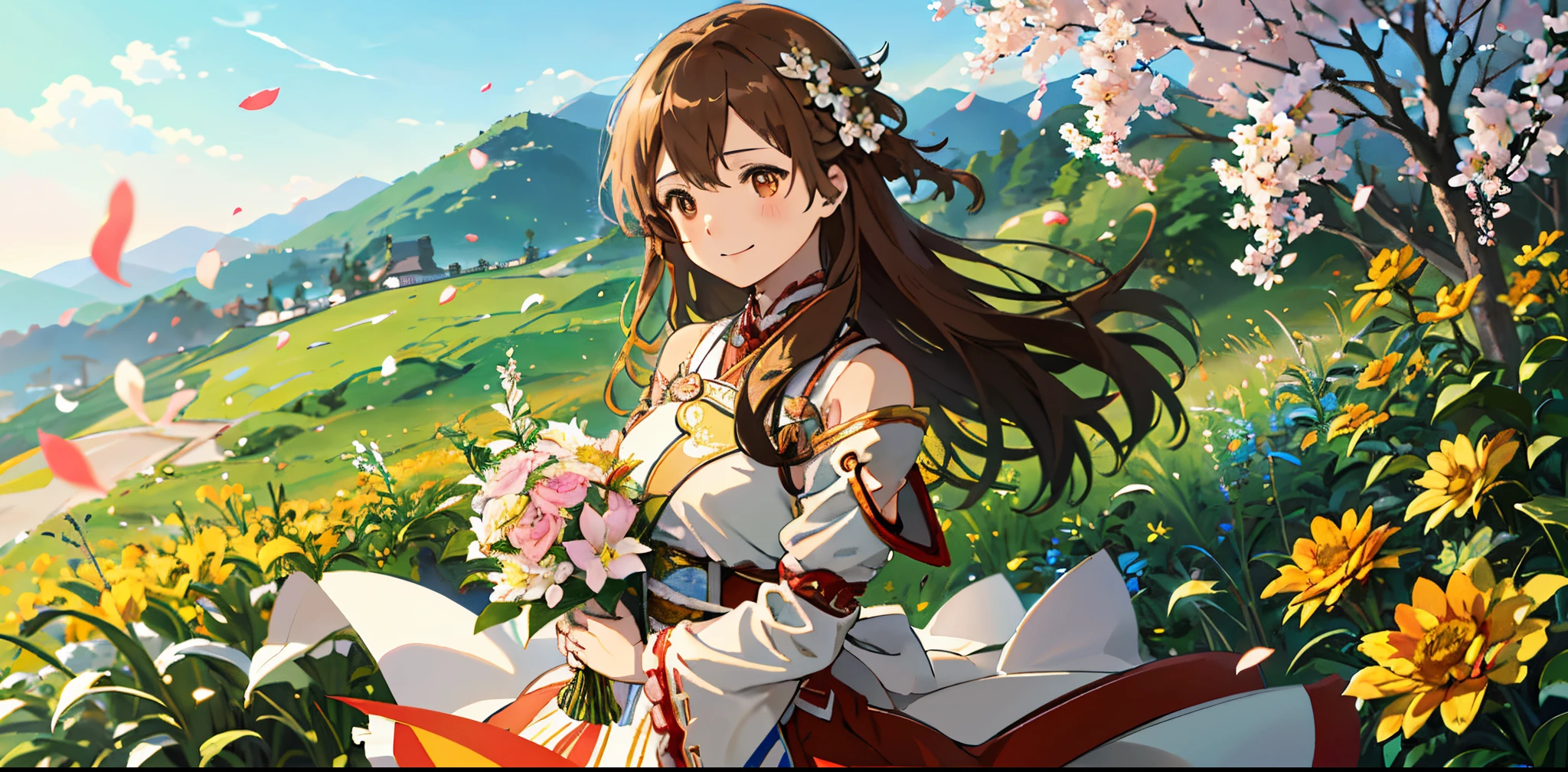 (masterpiece、top-quality、illustratio、Extremely high quality、high-level image quality、Extremely sensitive writing)Girl with long brown hair standing in beautiful flowery garden、A slight smile、She has a large bouquet、Cute national costume style dress with ruffles on the shoulders、Hair fluttering in the wind, asuna yuuki,