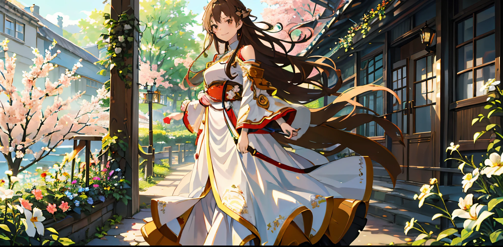 (masterpiece、top-quality、illustratio、Extremely high quality、high-level image quality、Extremely sensitive writing)Girl with long brown hair standing in beautiful flowery garden、A slight smile、She has a large bouquet、Cute national costume style dress with ruffles on the shoulders、Hair fluttering in the wind, asuna yuuki,