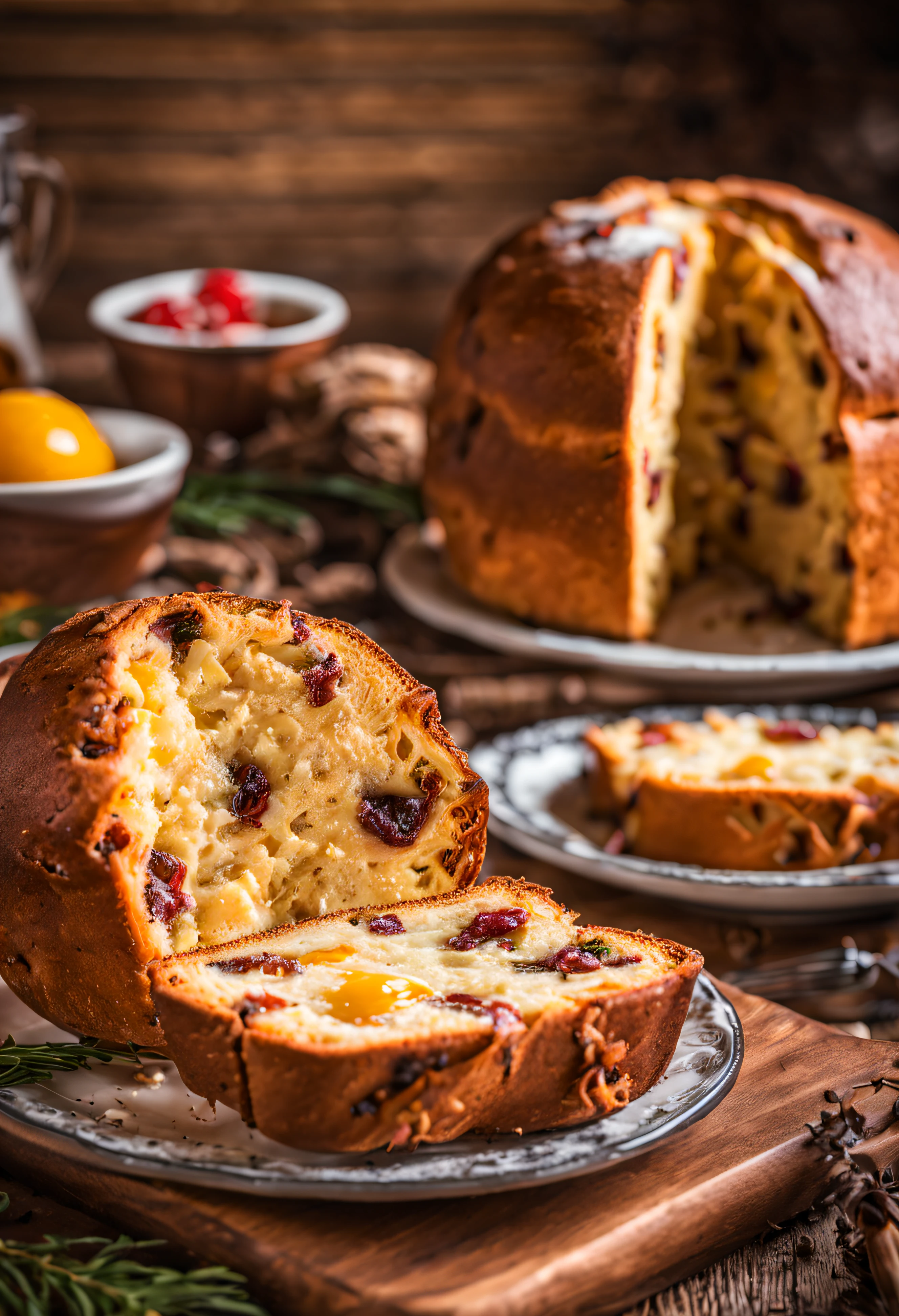 juicy Milanese panettone, one slice cut, smoke coming out on a beautiful rustic wooden table with a delicious ultra detailed breakfast, Real Photo, promotional photo, hdr, adobe lightroom