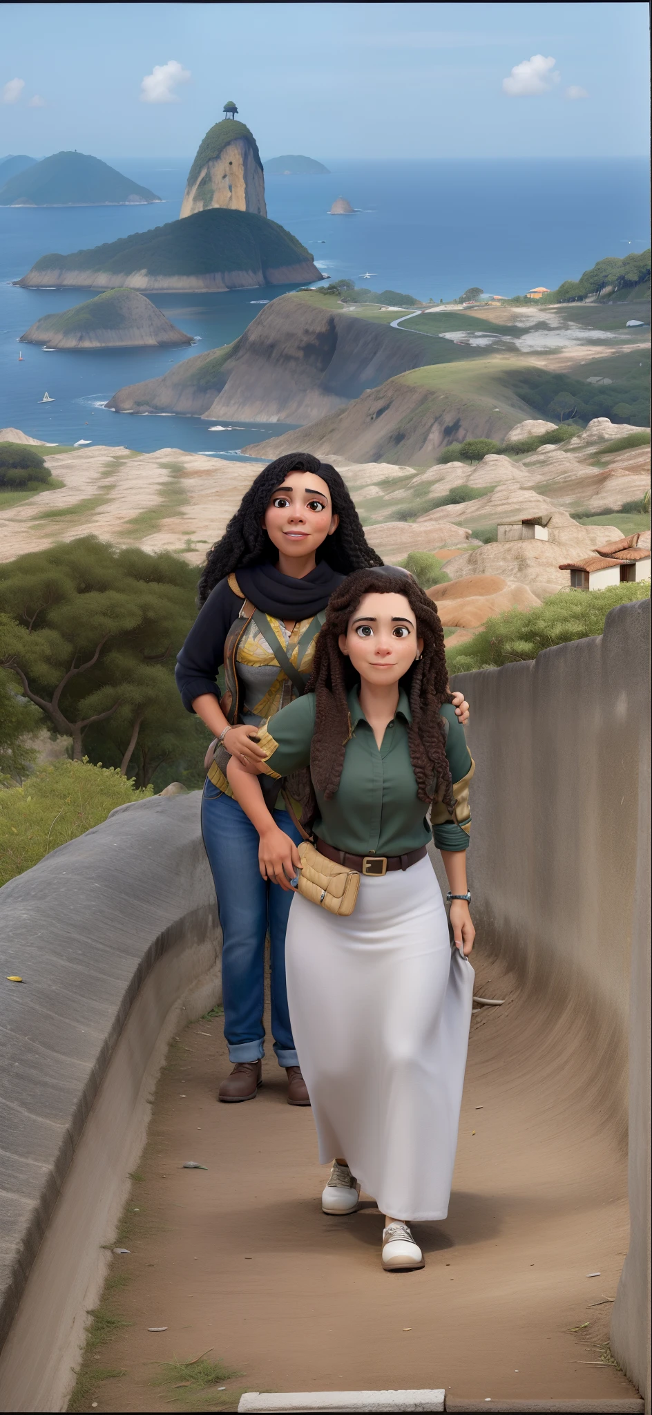 Obra-prima, de melhor qualidade, duas mulheres, uma na frente da outra a de traz preta a da frente branca