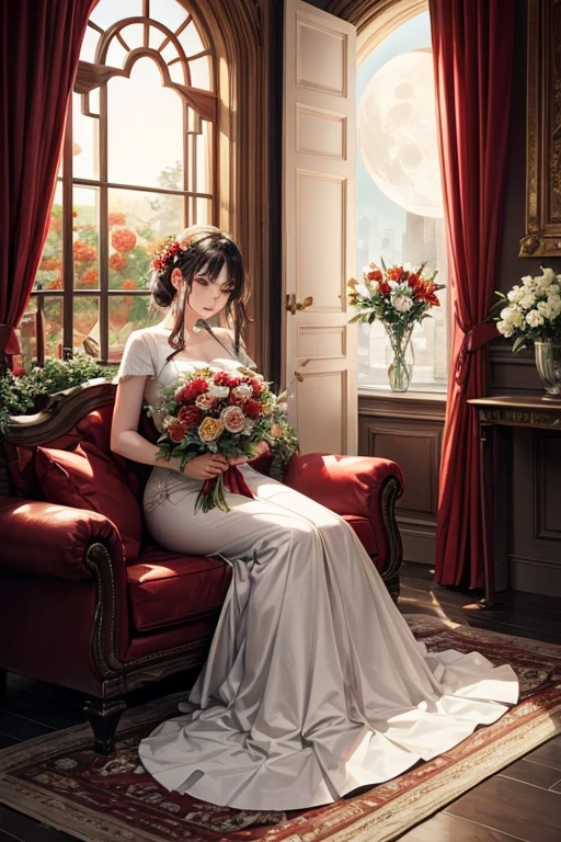 Stunning bouquet of roses and lilies in a ceramic vase, red and white colors, a cozy room, a garland, an open window, the moon and stars, evening, an atmosphere of comfort