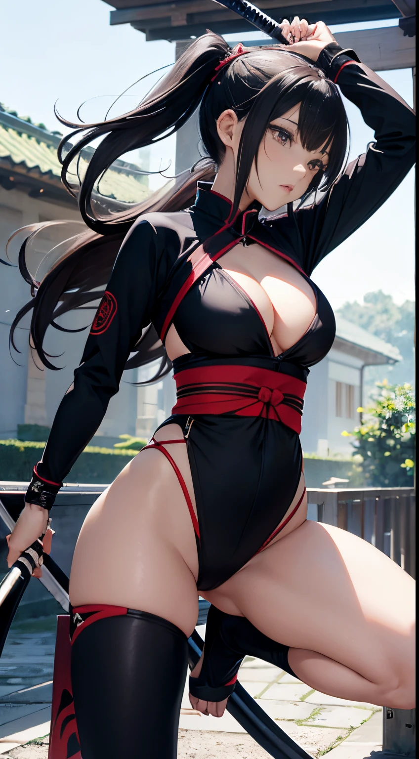 Anime style, clareiraede floresta, female sexy ninjas women treinando ninja weapons, shuriken, they wear ninja clothes with low necklines, part of their breasts exposed, seios muito bem pequeninos, mamilos up, corpo esbelto, Legs on display, ninja mask and hair in the wind, katanas , nunchako, evening