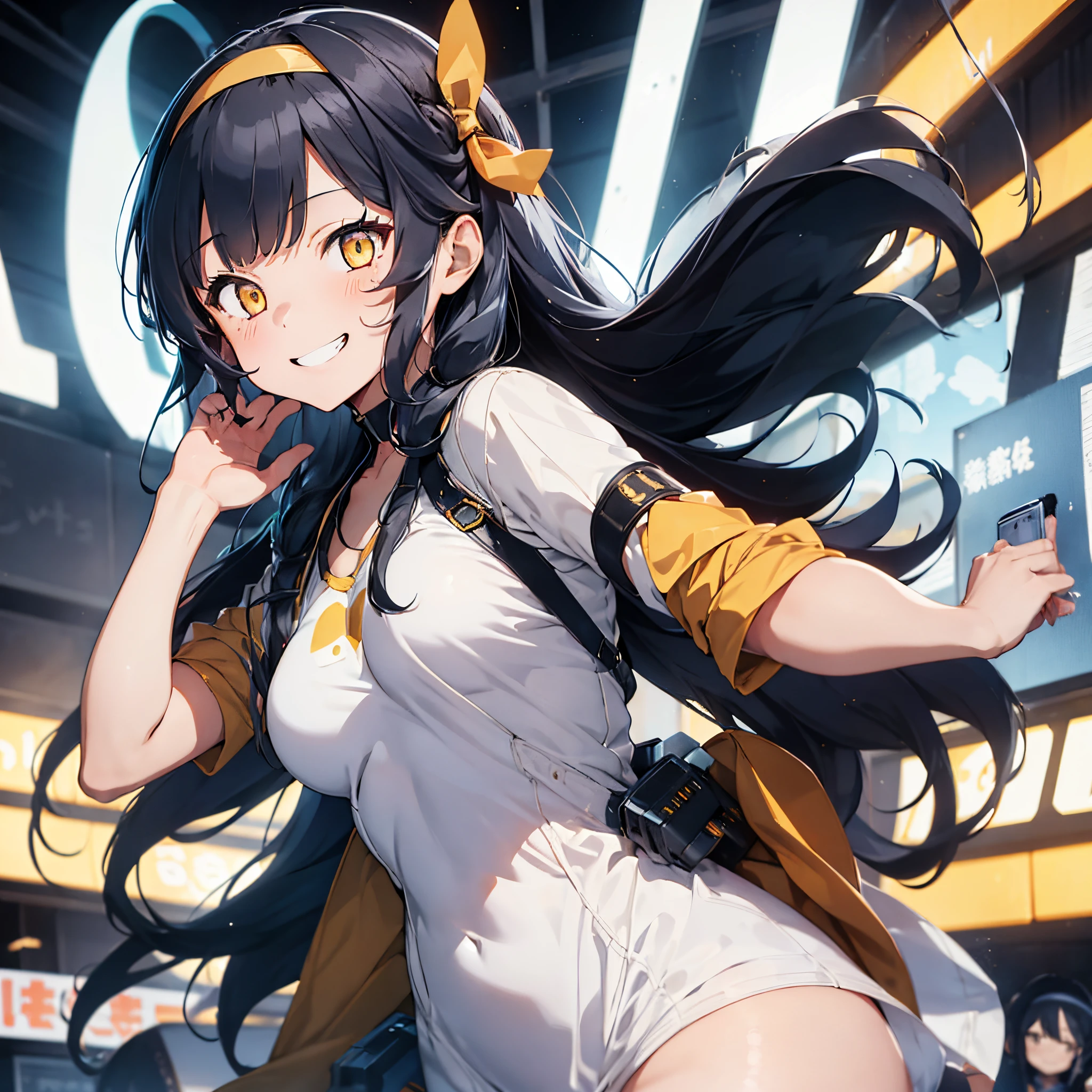 1 girl, solo, Himari, young woman, small breasts, black hair with blue tips, long hair, yellow eyes, hairband, cute bird hair accessory, mecha_girl, cyber_eyes, grin, crazy smile, wide open eyes, orange and black combat suite