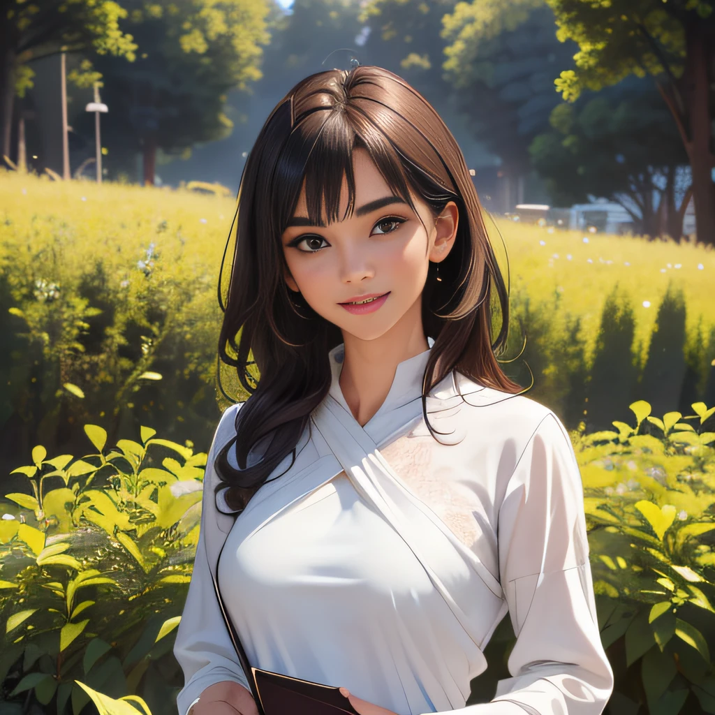 (Extremely detailed 8k wallpaper:2), (photo:2), (43 years old soigne Beautiful girl:2), (gives a lecture to friends:2), detailed (Face and eyes), (hyper realistic:1), (highly detailed:1), (epic realistic:1), rim light, (maximum details:1), cozy, (fullbody:1.3), (looking at viewer:2), (Woman's Attractive Qualities:2), (Attractive Woman:2), (Attractive:2), Smile, Intelligence, Empathy, Gracefulness, Sense of Style, Fitness, Grooming, Optimism, (Sensitivity:2), Sincerity, Romantic Gestures, Playfulness, Fashion Sense, (Sensuality:2), Charm, Modesty, Thoughtfulness, (Femininity:1), Flirtatiousness, Warmth, (Physical attractiveness:2), A beautiful smile, A love of life, strength and power, vulnerability, curiosity, wonder, love, (nature background:2), kawaii, waifu, Beautiful breasts, (attractive body:2), (Beautiful body:2), Beautiful pose, attractive pose, (Beautiful legs:1.0), (Beautiful clothes:1), (classic clothes:2), (elegant clothes:2), (European clothes:2), detailed clothes, (skirt:1), (blouse:1), (provocative pose)