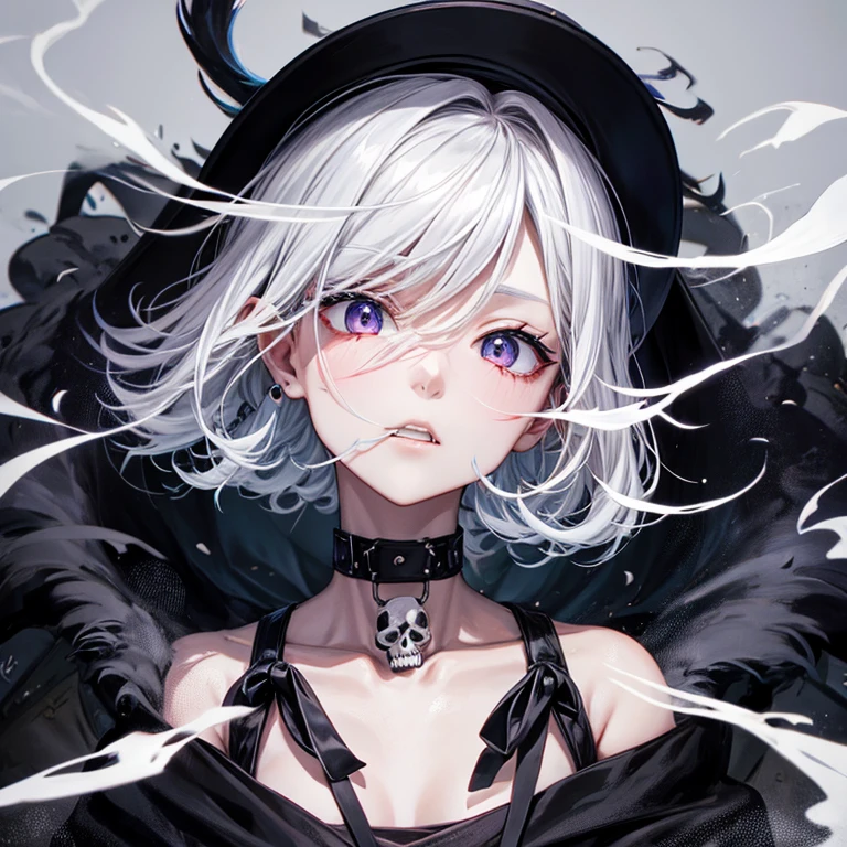 skull facing forward、Mouth open、Exhaling smoke through the mouth、black behind、