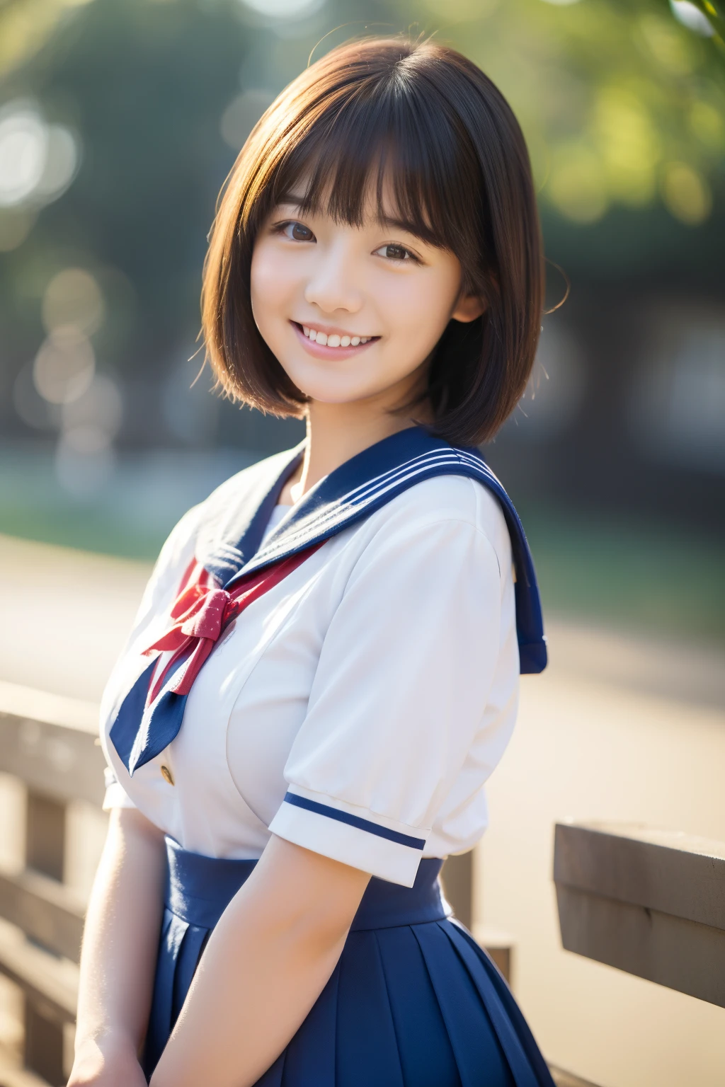 (​masterpiece,top-quality,超A high resolution),A Japanese Lady, an extremely beautiful 17-year-old girl, Ubu no Girl、(Perfect limbs、perfect anatomia),((Bob Hair)).Cute sailor suit、Sailor suit with short sleeves、Navy blue skirt、Pure white、Beautiful skin、Moist eyes、Brown glittery hair、Colors and landscapes of youth、Premonition of love、Colossal tits、embarrassed grin、Attend school、morning,