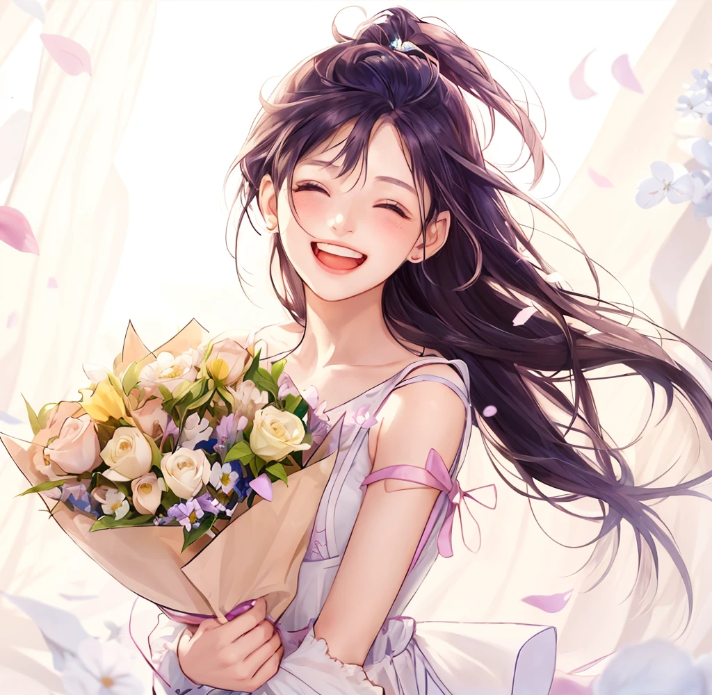 Anime girl holding flowers in her hand，With a smile on his face, With flowers, she expressing joy, beautiful and smiling, laughing sweetly, Lovely smile, with a beautiful smile, Middle Metaverse, by Yang J, happy and spirited expression, and she smiling，Very happy, Guviz-style artwork,