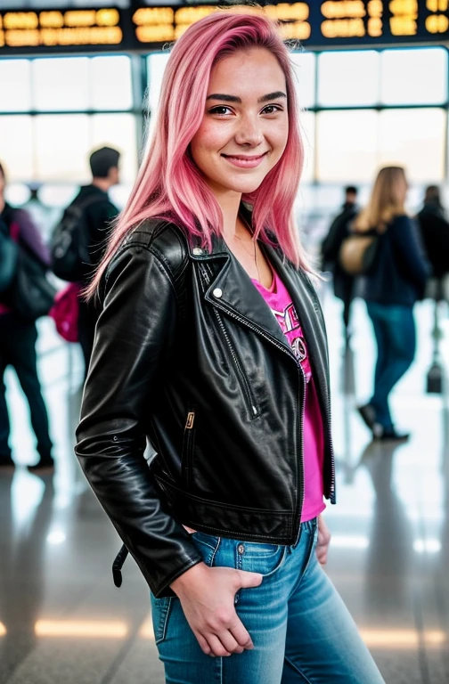 Girl with leather jacket, the girl is at the airport, (photo raw), photo in the foreground of a sexy girl, posing, looking at the viewer, smiling, pink hair, beautiful young face, 18 me, (backlit: 1.3), (kinematic: 1.3), intricate details, (artstation: 1.2), (freckles: 0.9), detailed eyes, micro details, fuji XT3, photorealist, photorealism, the girl is at an airport, people in the background, photo taken halfway