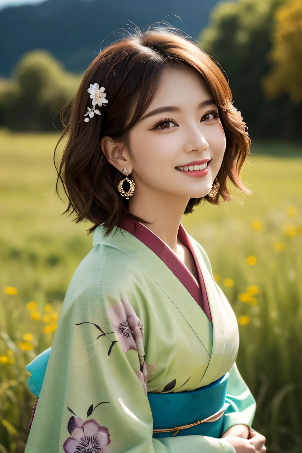 ((masterpiece)), ((best quality)), (ultra-detailed), ((kawaii)), cute, (lovely), ((extremely detailed)), 4K, (8K), best quality, (beautiful), illustration, dynamic angle, Cowboy Shot, mountain, green meadow, evening, autumn, a pretty woman, Japanese, solo, (kimono:1.3), beautiful red hair, beautiful brown eyes, ((beautiful eyes)), (light brown-skinned), (short hair:1.2), hair ornaments, earrings, necklace, light smile, lens flare, shiny