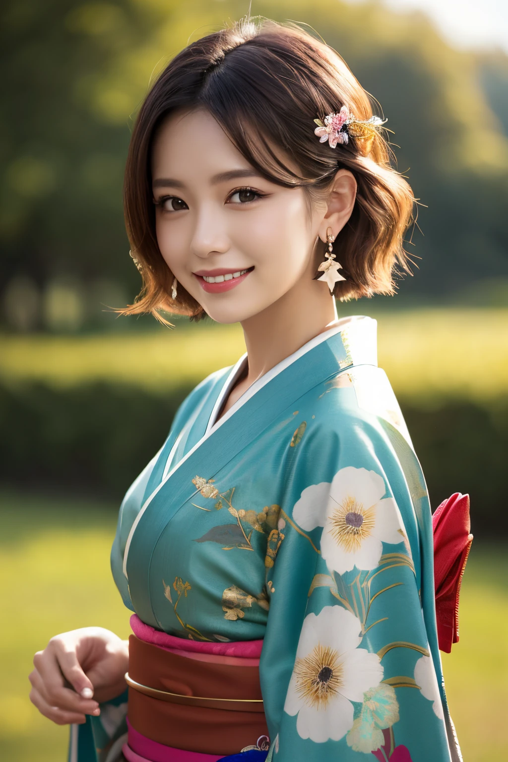 ((masterpiece)), ((best quality)), (ultra-detailed), ((kawaii)), cute, (lovely), ((extremely detailed)), 4K, (8K), best quality, (beautiful), illustration, dynamic angle, Cowboy Shot, mountain, green meadow, evening, autumn, a pretty woman, Japanese, solo, (kimono:1.3), beautiful red hair, beautiful brown eyes, ((beautiful eyes)), (light brown-skinned), (short hair:1.2), hair ornaments, earrings, necklace, light smile, lens flare, shiny