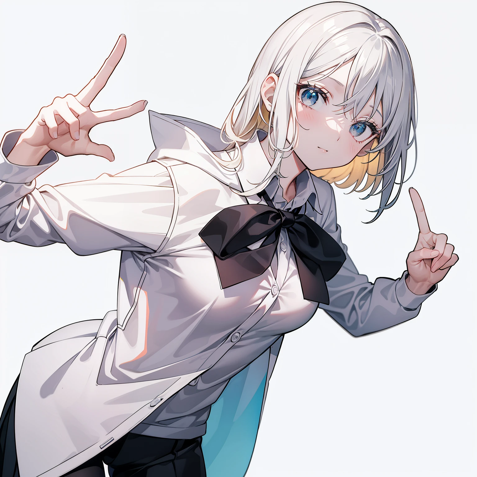 Teacher in front of the camera, pointing at something behind her with her index finger, manos correctamente creadas, medio cuerpo, with nothing behind it except a solid white background exactly #FFFFFF, cierra las manos de el personaje excepto un dedo que estara levantado