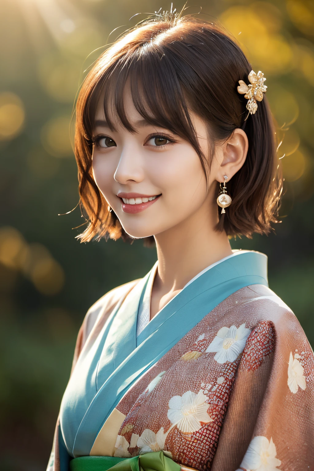 ((masterpiece)), ((best quality)), (ultra-detailed), ((kawaii)), cute, (lovely), ((extremely detailed)), 4K, (8K), best quality, (beautiful), illustration, dynamic angle, Cowboy Shot, mountain, green meadow, evening, autumn, a pretty woman, Japanese, solo, (kimono:1.3), beautiful red hair, beautiful brown eyes, ((beautiful eyes)), (light brown-skinned), (short hair:1.2), hair ornaments, earrings, necklace, light smile, lens flare, shiny
