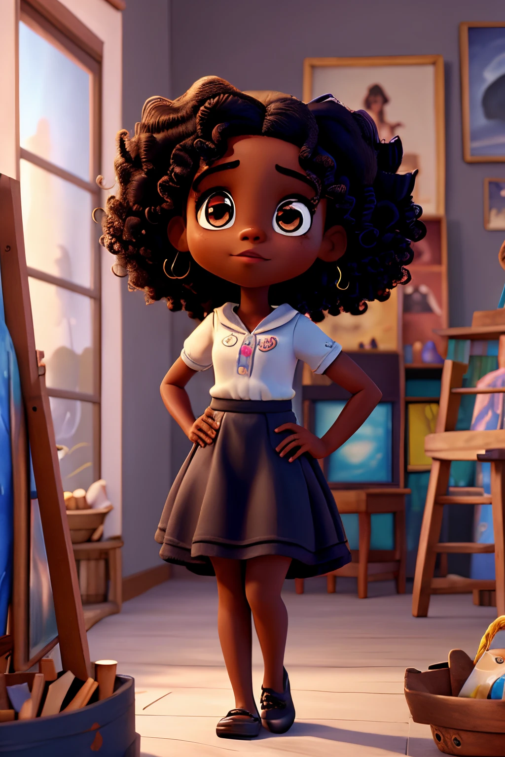 Capa de filme estilo Disney, uma menina preta com olhos castanhos, Dark skin and curly hair working painting pictures and an art studio in the background