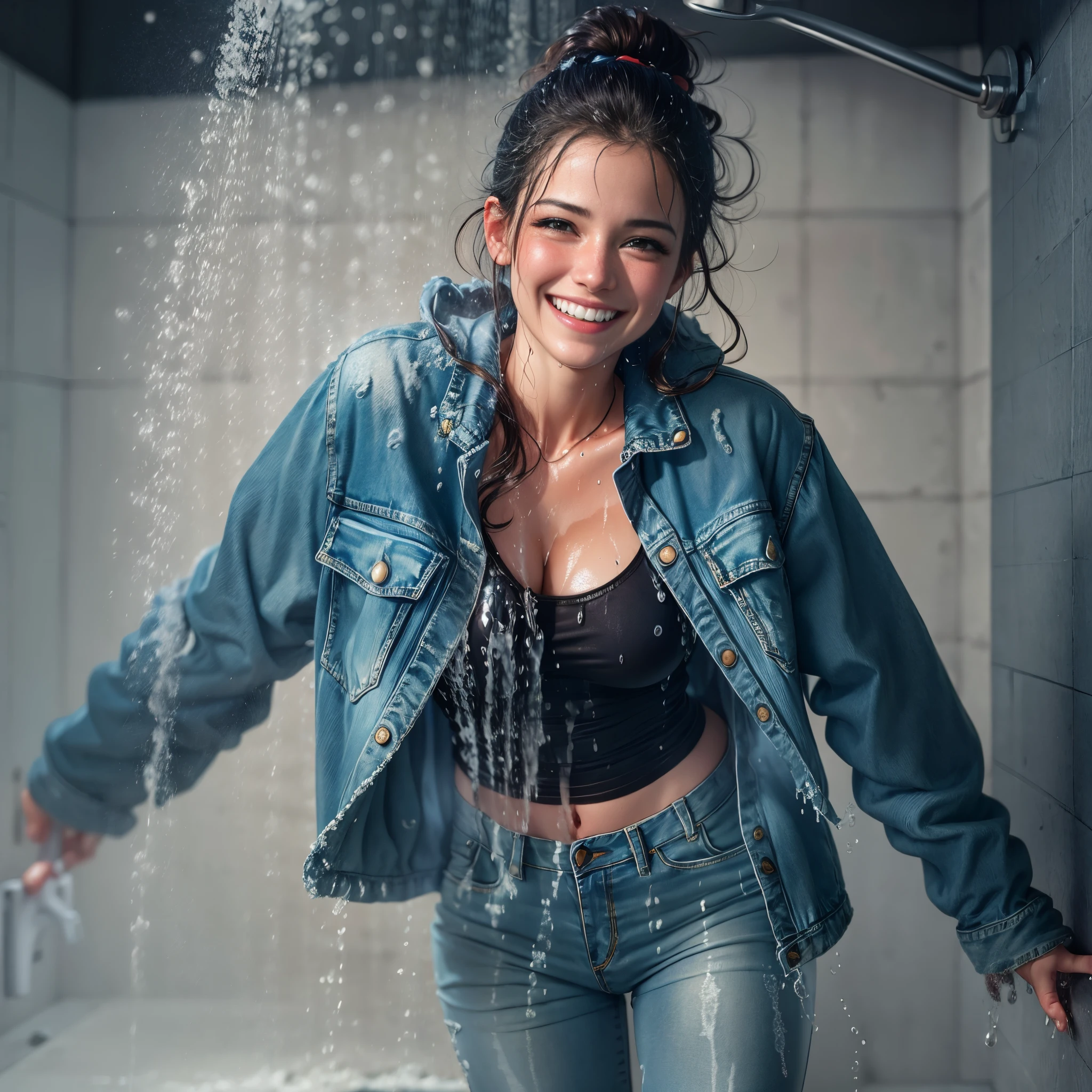 Woman showering in jeans and denim jacket, soaked, wet clothes, dripping wet, smiling, looking at viewer