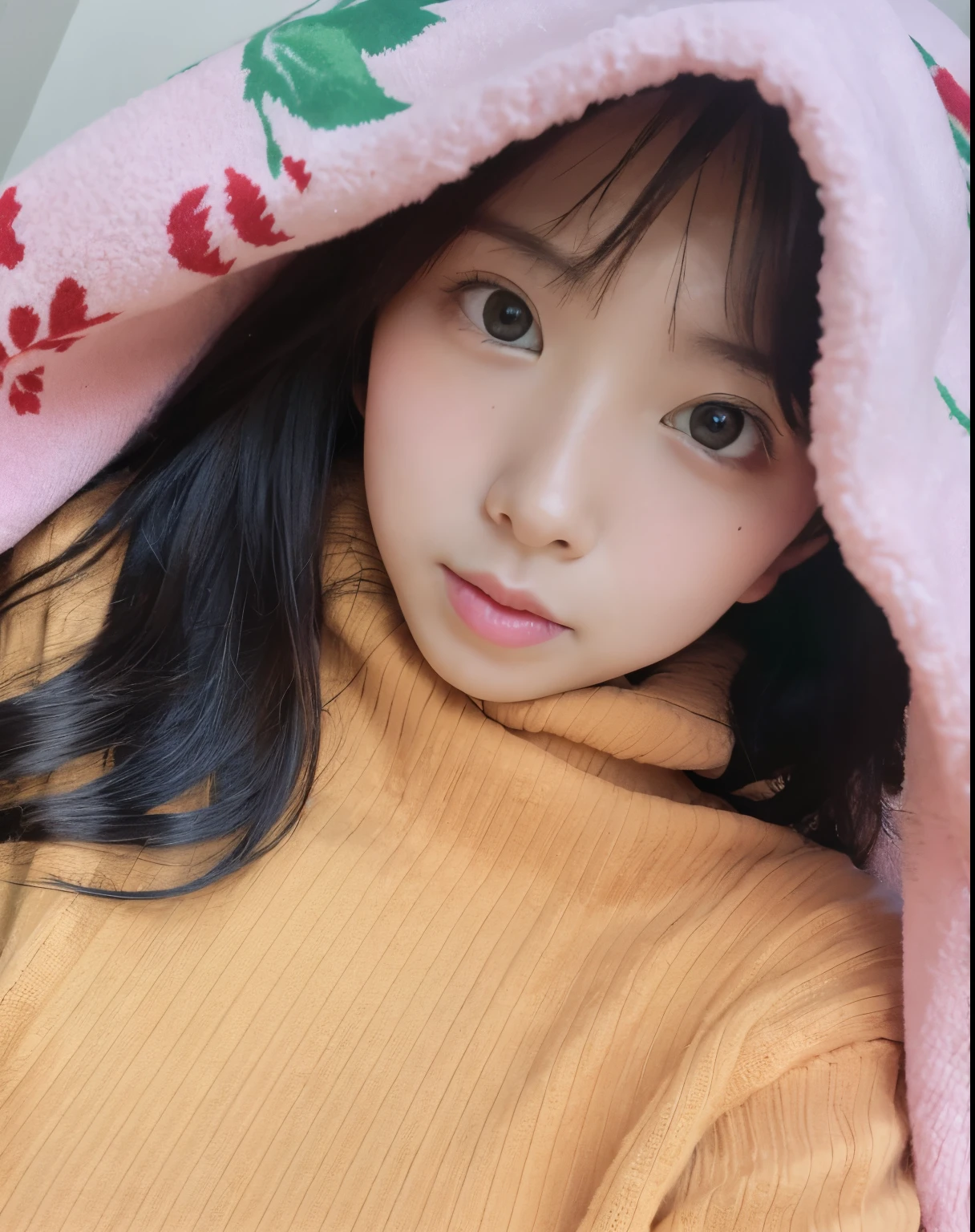 Red sweater, big breast, under pink blanket