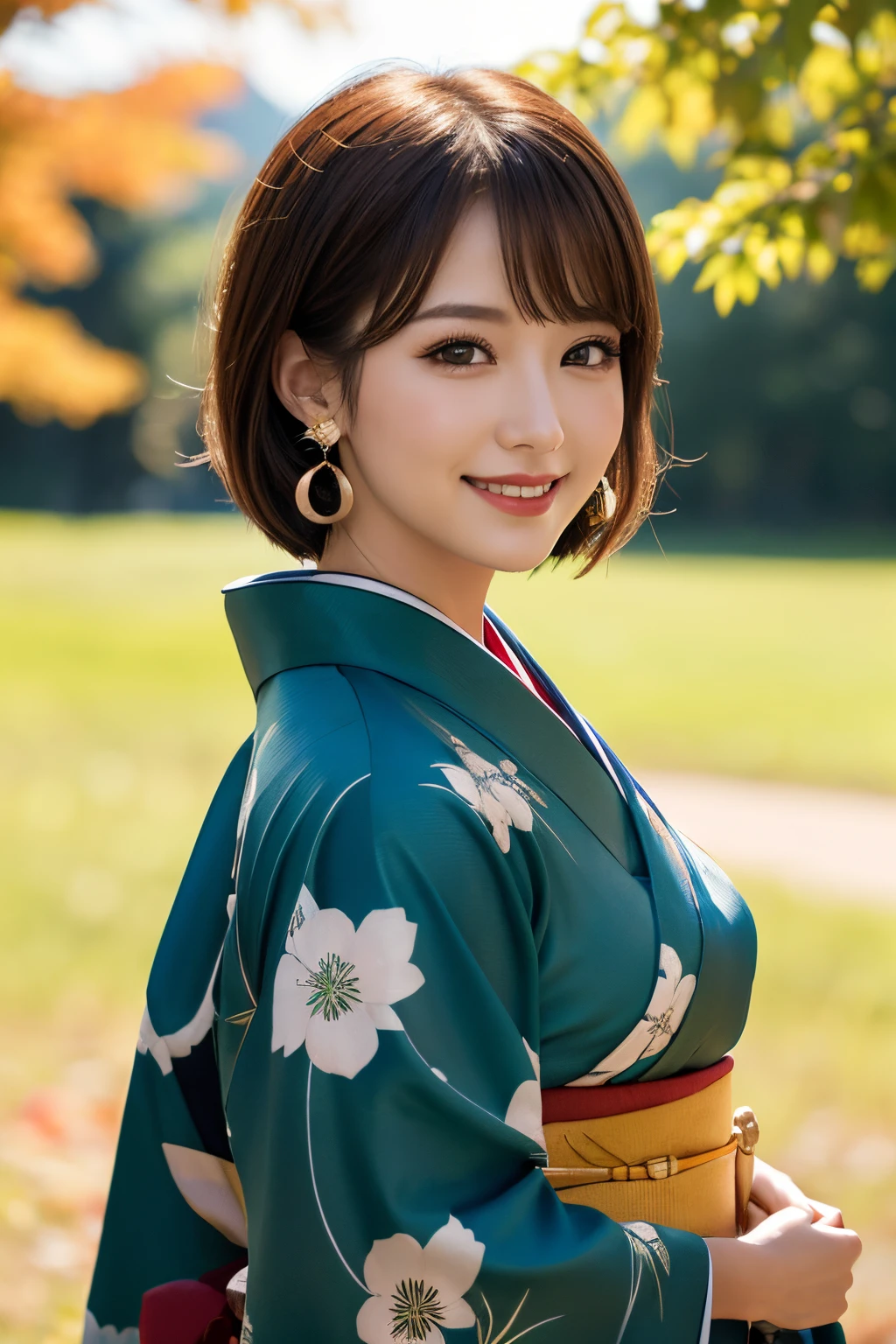 ((masterpiece)), ((best quality)), (ultra-detailed), ((kawaii)), cute, (lovely), ((extremely detailed)), 4K, (8K), best quality, (beautiful), illustration, dynamic angle, Cowboy Shot, mountain, green meadow, evening, autumn, a pretty woman, Japanese, solo, (kimono:1.3), beautiful red hair, beautiful brown eyes, ((beautiful eyes)), (light brown-skinned), (short hair:1.2), hair ornaments, earrings, light smile, lens flare, shiny