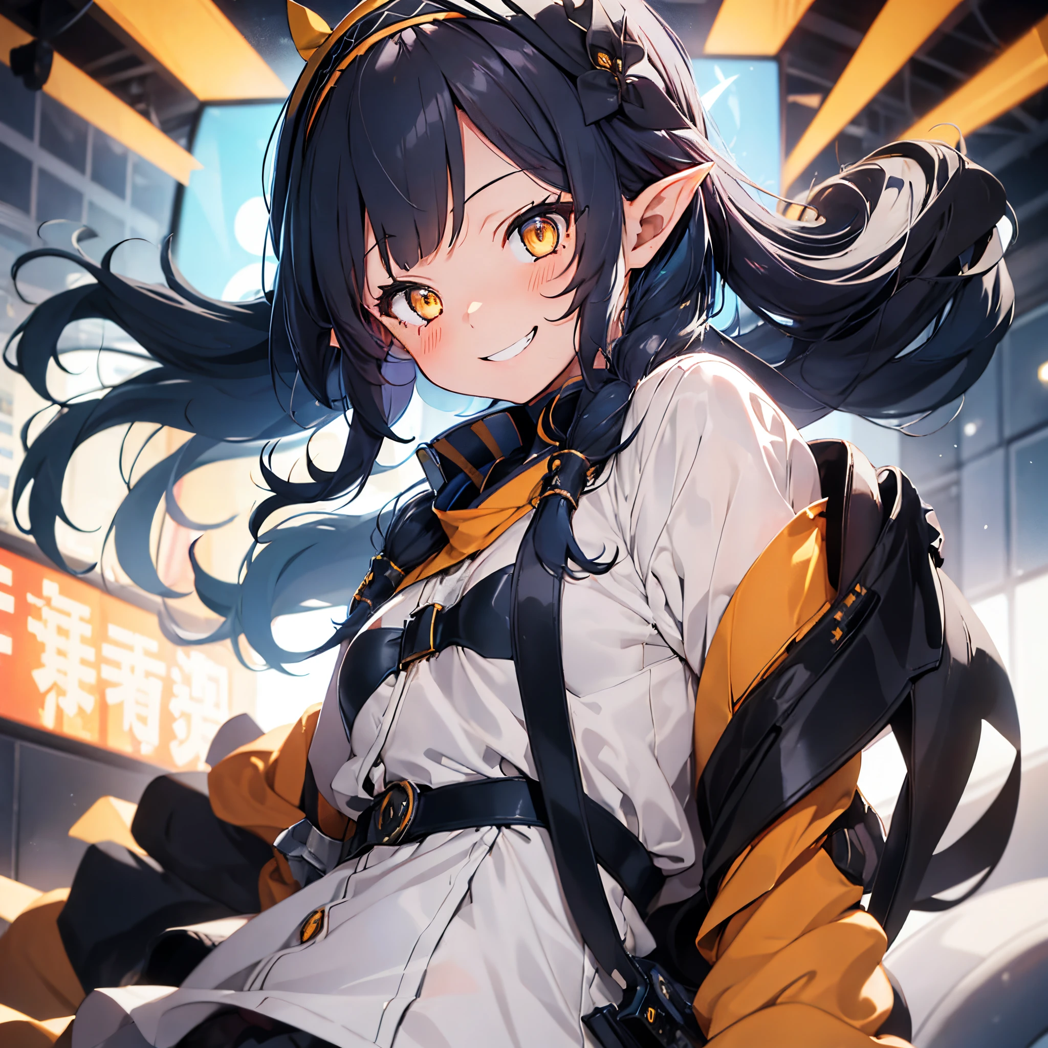 1 girl, solo, Himari, young woman, small breasts, black hair with blue tips, long hair, long pointy ears, yellow eyes, hairband, cute bird hair accessory, mecha_girl, cyber_eyes, grin, crazy smile, wide open eyes, orange and black mecha combat suite