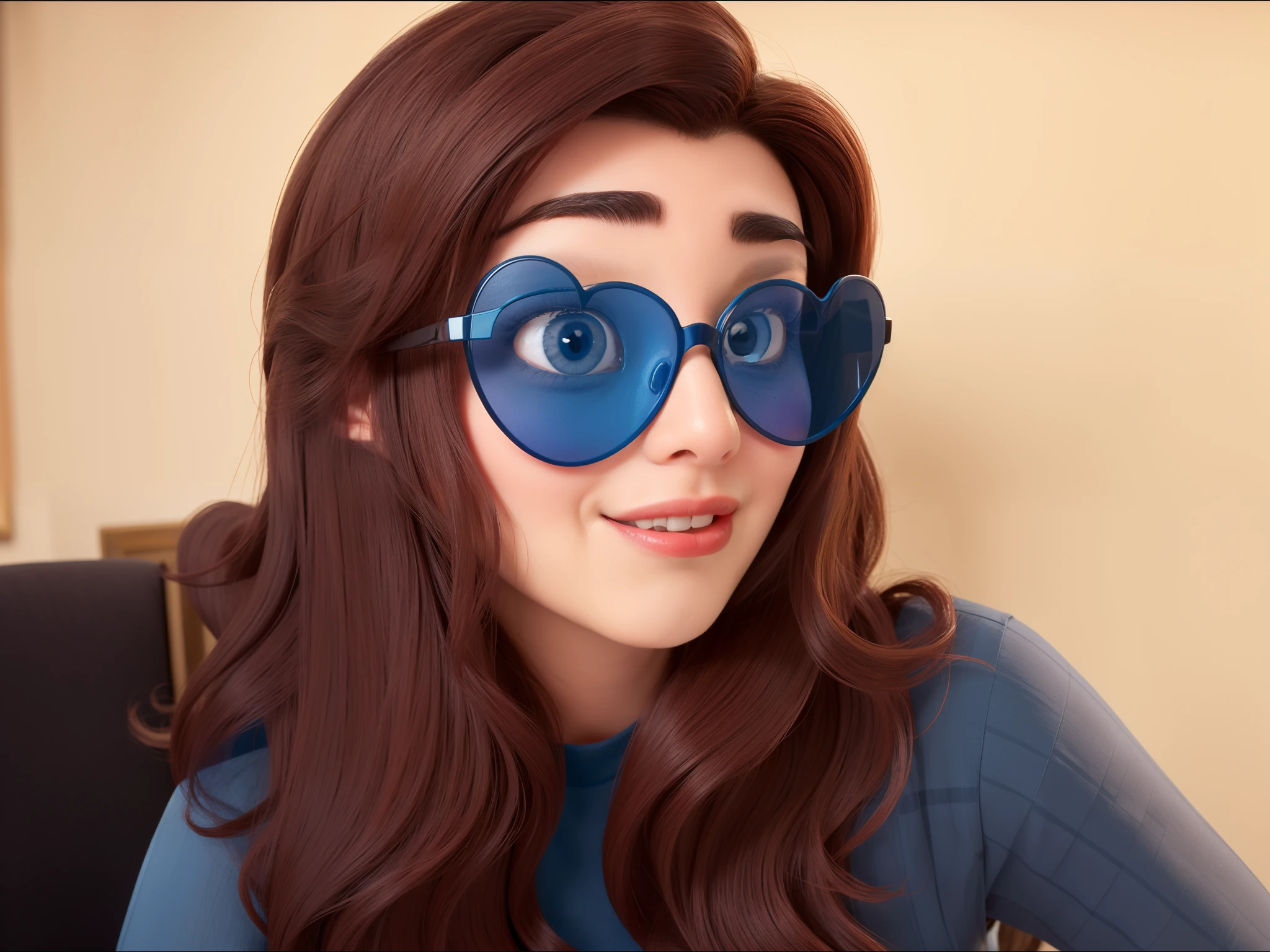 Woman, 20s, long dark brown hair, pouting and winking at the camera while wearing blue tinted heart shaped glasses