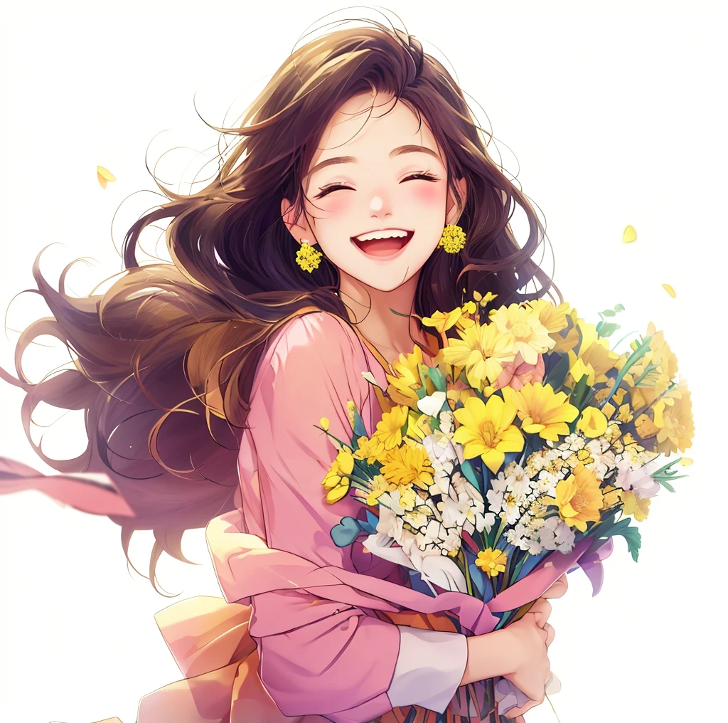 Anime girl with flowers in her hands，With a smile on his face, with flowers, Guviz, she expressing joy, beautiful and smiling, laughing sweetly, Lovely smile, with a beautifull smile, Middle metaverse, by Yang J, Happy and cheerful look, and she smiling，Very happy, Guviz-style artwork、Yellow flowers