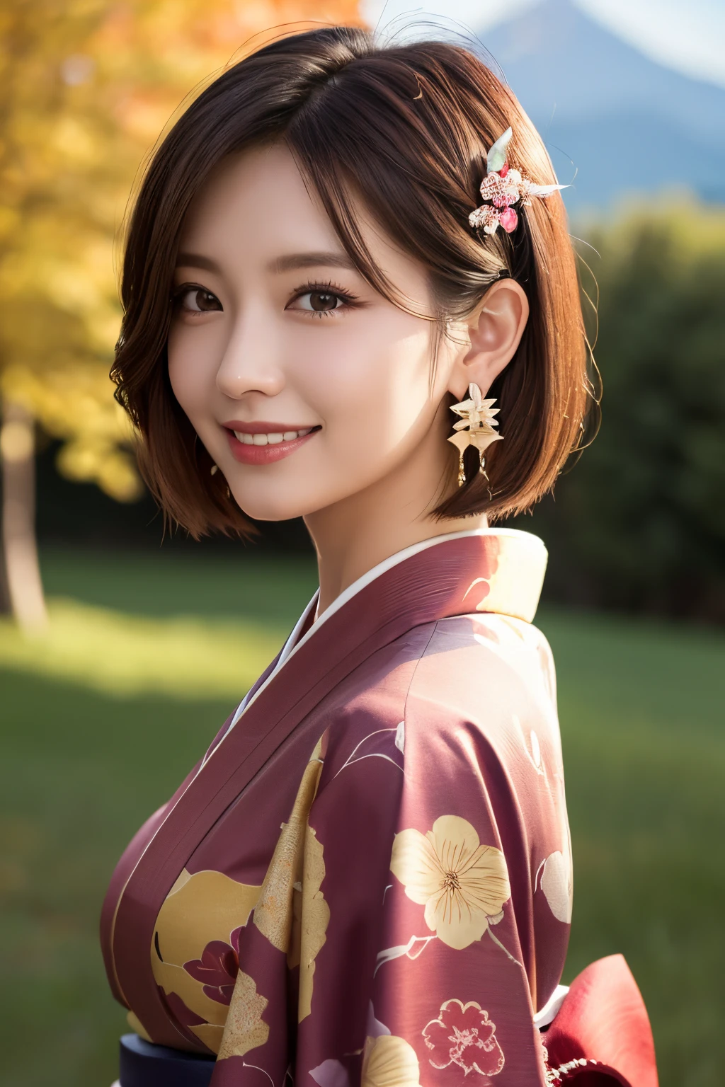 ((masterpiece)), ((best quality)), (ultra-detailed), ((kawaii)), cute, (lovely), ((extremely detailed)), 4K, (8K), best quality, (beautiful), illustration, dynamic angle, Cowboy Shot, mountain, green meadow, evening, autumn, a pretty woman, Japanese, solo, (kimono:1.3), beautiful red hair, beautiful brown eyes, ((beautiful eyes)), (light brown-skinned), (short hair:1.2), hair ornaments, earrings, light smile, lens flare, shiny