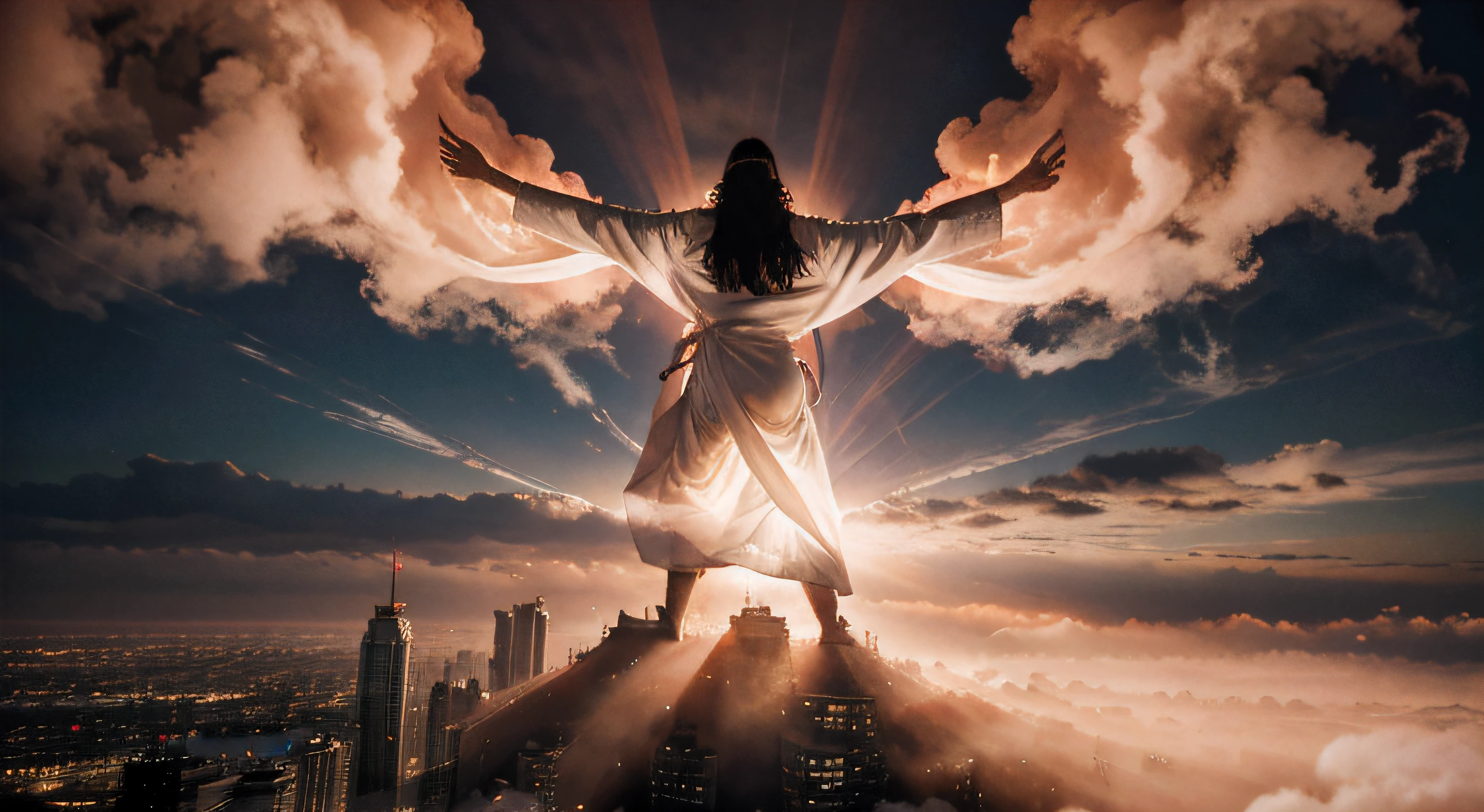 Jesus on his back full body with white robe flying over the city several red clouds around him rays illuminating the sky red smoke at the bottom several buildings cities