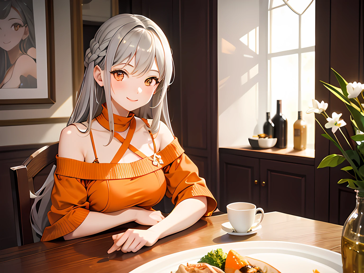 masterpiece, best quality, 1 girl, gray hair, orange eyes, dress, smile, sitting at dinner table, turkey on table, dining room