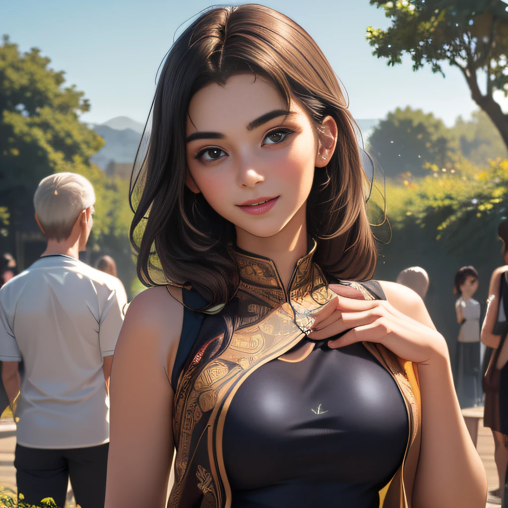 (Extremely detailed 8k wallpaper:2), (photo:2), (43 years old soigne Beautiful girl:2), (gives a lecture to friends:2), detailed (Face and eyes), (hyper realistic:1), (highly detailed:1), (epic realistic:1), rim light, (maximum details:1), cozy, (fullbody:1.3), (looking at viewer:2), (Woman's Attractive Qualities:2), (Attractive Woman:2), (Attractive:2), Smile, Intelligence, Empathy, Gracefulness, Sense of Style, Fitness, Grooming, Optimism, (Sensitivity:2), Sincerity, Romantic Gestures, Playfulness, Fashion Sense, (Sensuality:2), Charm, Modesty, Thoughtfulness, (Femininity:1), Flirtatiousness, Warmth, (Physical attractiveness:2), A beautiful smile, A love of life, strength and power, vulnerability, curiosity, wonder, love, (nature background:2), kawaii, waifu, Beautiful breasts, (attractive body:2), (Beautiful body:2), Beautiful pose, attractive pose, (Beautiful legs:1.0), (Beautiful clothes:1), (classic clothes:2), (elegant clothes:2), (European clothes:2), detailed clothes, (skirt:1), (blouse:1), (provocative pose)
