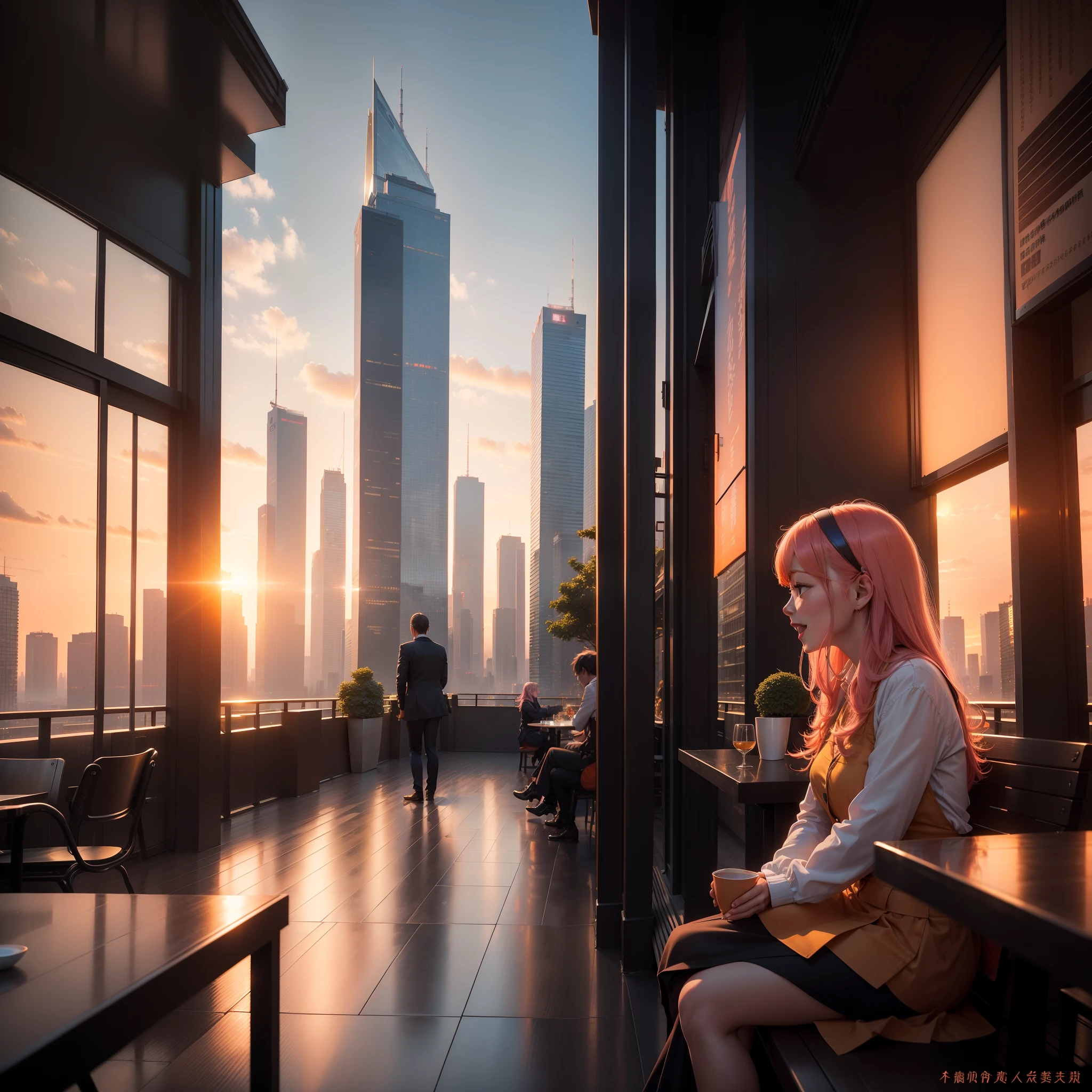 at the sunset, 城市, Skyscrapers, a person々Flow of, Building windows, Warm light, Walkway, a person々, cafe terrace, Friends, Laughing, Skysky, an orange, pink there, tints, Urban hustle and bustle, Beautiful sunset, harmony