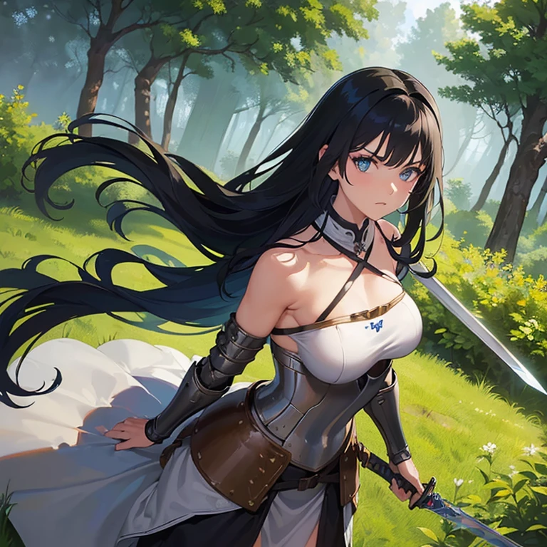 ((1 woman in medieval armor)),((bare breasts)),((in a forest)),((serious face)),((with lots of bubian hair)),((very long messy black hair, eyes blue)),((facing the viewer, holding a sword)),