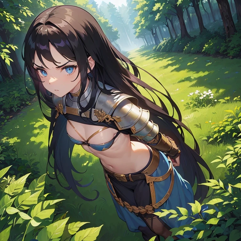 ((1 woman in medieval armor, Imo medieval)),((bare breasts)),((in a forest)),((serious face)),((with lots of bubian hair)),((very long black hair messy, blue eyes)),((facing the viewer, with a sword on his back)),