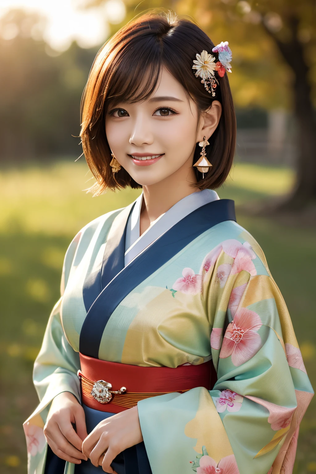 ((masterpiece)), ((best quality)), (ultra-detailed), ((kawaii)), cute, (lovely), ((extremely detailed)), 4K, (8K), best quality, (beautiful), illustration, dynamic angle, (Cowboy Shot:1.3), temple, green meadow, evening, autumn, a pretty woman, Japanese, solo, (kimono:1.3), beautiful red hair, beautiful brown eyes, ((beautiful eyes)), (light brown-skinned), (short hair:1.2), hair ornaments, earrings, light smile, lens flare, shiny