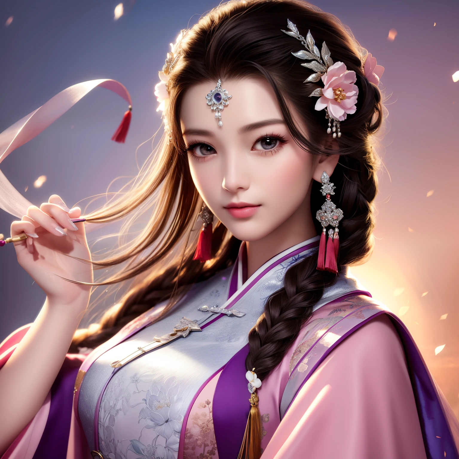 Painting of a woman in a pink and blue dress, Beautiful Fantasy Empress, ancient Chinese Princess, Beautiful character drawings, Chinese Princess, palace, Girl in Han Dress, Princess of an ancient Asian dynasty, Ancient Chinese Beauties, Inspired by Run In, Beautiful and attractive anime woman, Beautiful Fantasy Empress, Beautiful renderings of the Tang Dynasty, Beautiful oriental woman, Empress of China, Highly detailed CG unit 8k wallpaper, masterpiece, High resolution, highest quality, highest quality real texture skin, Super Real, Digital Painting, Best image quality, 最High resolution, 8k, ((Highly detailed eyes and face, Beautiful eyes every detail)), (wariza, seiza, from front),