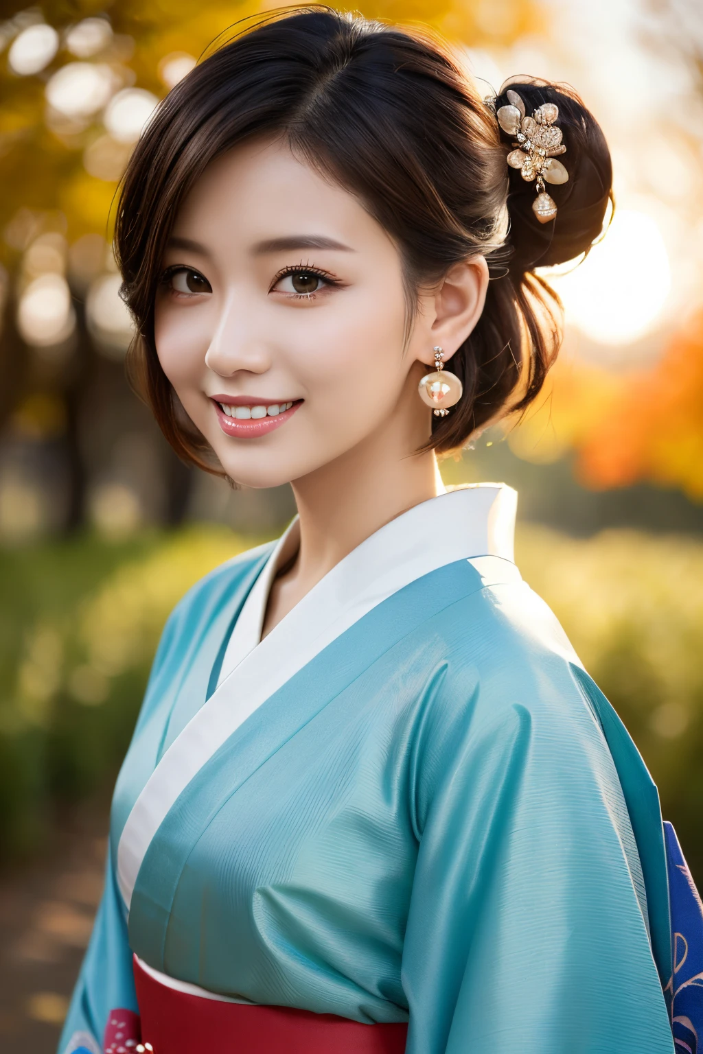 ((masterpiece)), ((best quality)), (ultra-detailed), ((kawaii)), cute, (lovely), ((extremely detailed)), 4K, (8K), best quality, (beautiful), illustration, dynamic angle, (Cowboy Shot:1.3), temple, green meadow, evening, autumn, a pretty woman, Japanese, solo, (kimono:1.3), beautiful red hair, beautiful brown eyes, ((beautiful eyes)), (light brown-skinned), (short hair:1.2), hair ornaments, earrings, light smile, lens flare, shiny