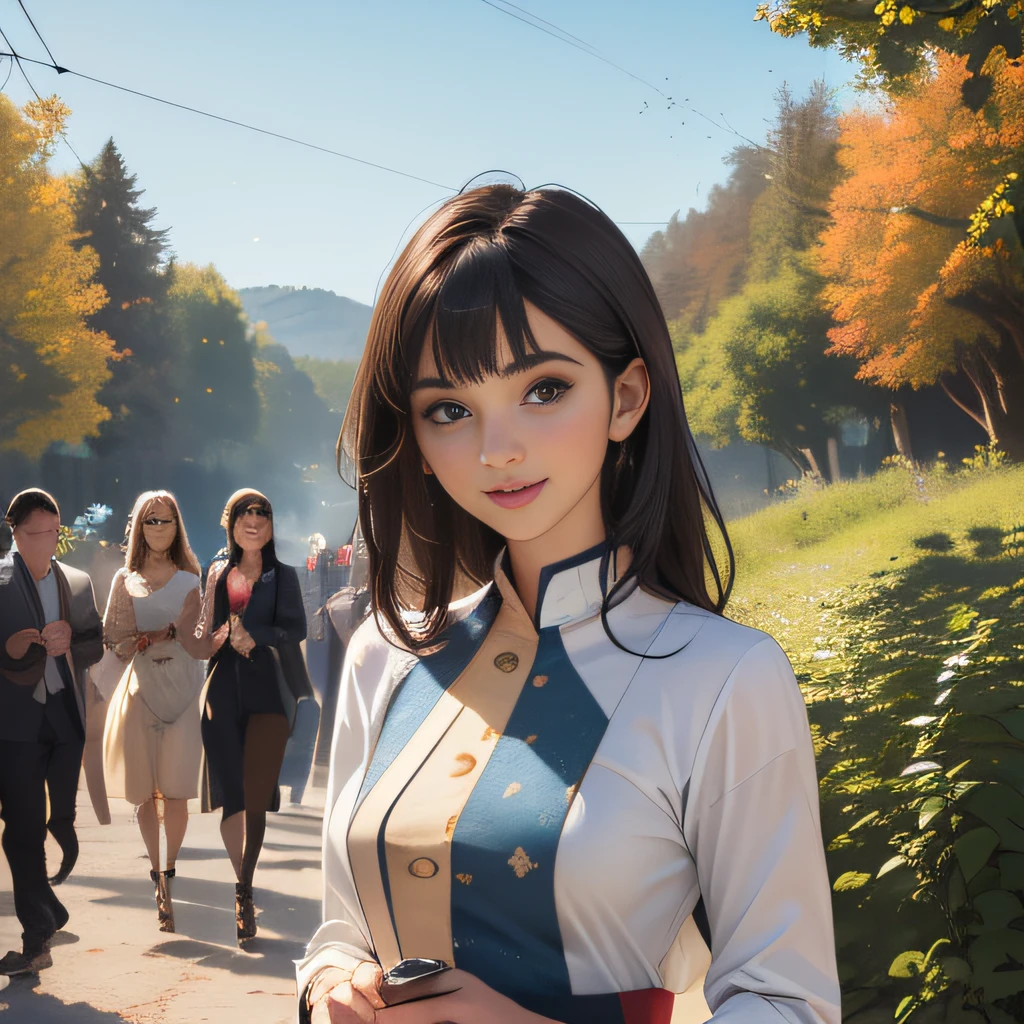 (Extremely detailed 8k wallpaper:2), (photo:2), (43 years old soigne Beautiful girl:2), (gives a lecture to friends:2), detailed (Face and eyes), (hyper realistic:1), (highly detailed:1), (epic realistic:1), rim light, (maximum details:1), cozy, (fullbody:1.3), (looking at viewer:2), (Woman's Attractive Qualities:2), (Attractive Woman:2), (Attractive:2), Smile, Intelligence, Empathy, Gracefulness, Sense of Style, Fitness, Grooming, Optimism, (Sensitivity:2), Sincerity, Romantic Gestures, Playfulness, Fashion Sense, (Sensuality:2), Charm, Modesty, Thoughtfulness, (Femininity:1), Flirtatiousness, Warmth, (Physical attractiveness:2), A beautiful smile, A love of life, strength and power, vulnerability, curiosity, wonder, love, (nature background:2), kawaii, waifu, Beautiful breasts, (attractive body:2), (Beautiful body:2), Beautiful pose, attractive pose, (Beautiful legs:1.0), (Beautiful clothes:1), (classic clothes:2), (elegant clothes:2), (European clothes:2), detailed clothes, (skirt:1), (blouse:1), (provocative pose)