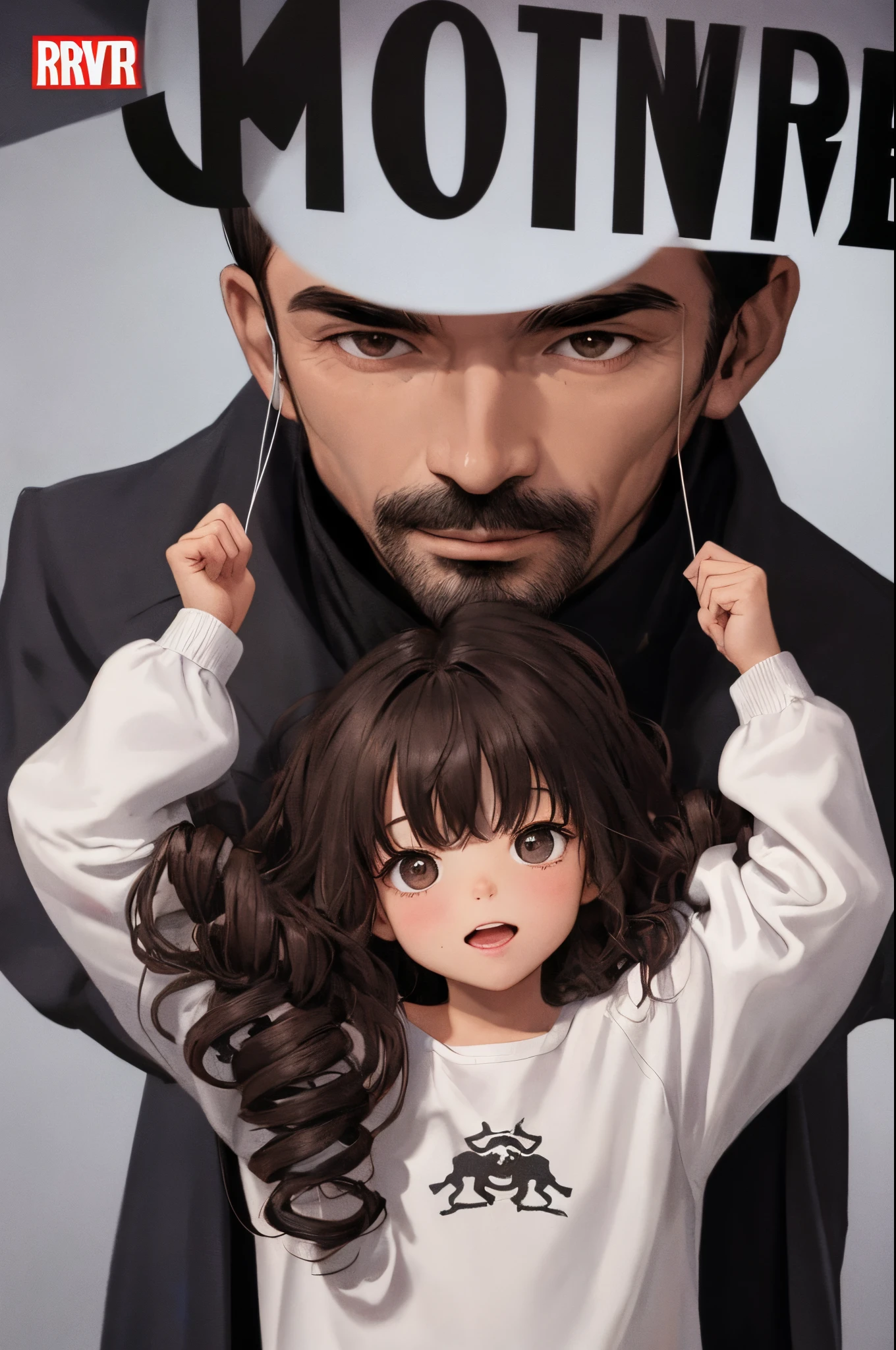 Spiderverse comic panel, a baby with black hair, curly hair, dark brown eyes, dark brown skin, dark brown skin, being held by her father