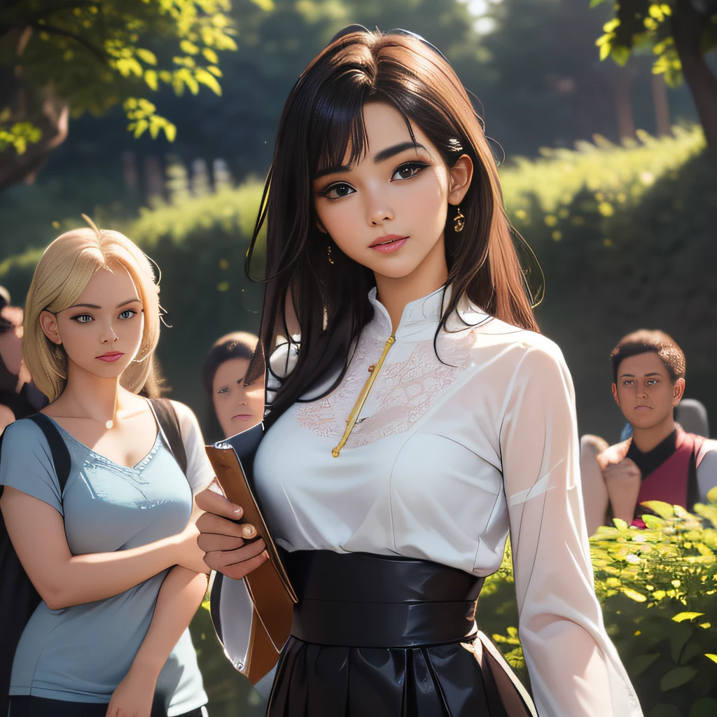 (Extremely detailed 8k wallpaper:2), (photo:2), (43 years old soigne Beautiful girl:2), (gives a lecture to friends:2), detailed (Face and eyes), (hyper realistic:1), (highly detailed:1), (epic realistic:1), rim light, (maximum details:1), cozy, (fullbody:1.3), (looking at viewer:2), (Woman's Attractive Qualities:2), (Attractive Woman:2), (Attractive:2), Smile, Intelligence, Empathy, Gracefulness, Sense of Style, Fitness, Grooming, Optimism, (Sensitivity:2), Sincerity, Romantic Gestures, Playfulness, Fashion Sense, (Sensuality:2), Charm, Modesty, Thoughtfulness, (Femininity:1), Flirtatiousness, Warmth, (Physical attractiveness:2), A beautiful smile, A love of life, strength and power, vulnerability, curiosity, wonder, love, (nature background:2), kawaii, waifu, Beautiful breasts, (attractive body:2), (Beautiful body:2), Beautiful pose, attractive pose, (Beautiful legs:1.0), (Beautiful clothes:1), (classic clothes:2), (elegant clothes:2), (European clothes:2), detailed clothes, (skirt:1), (blouse:1), (provocative pose)