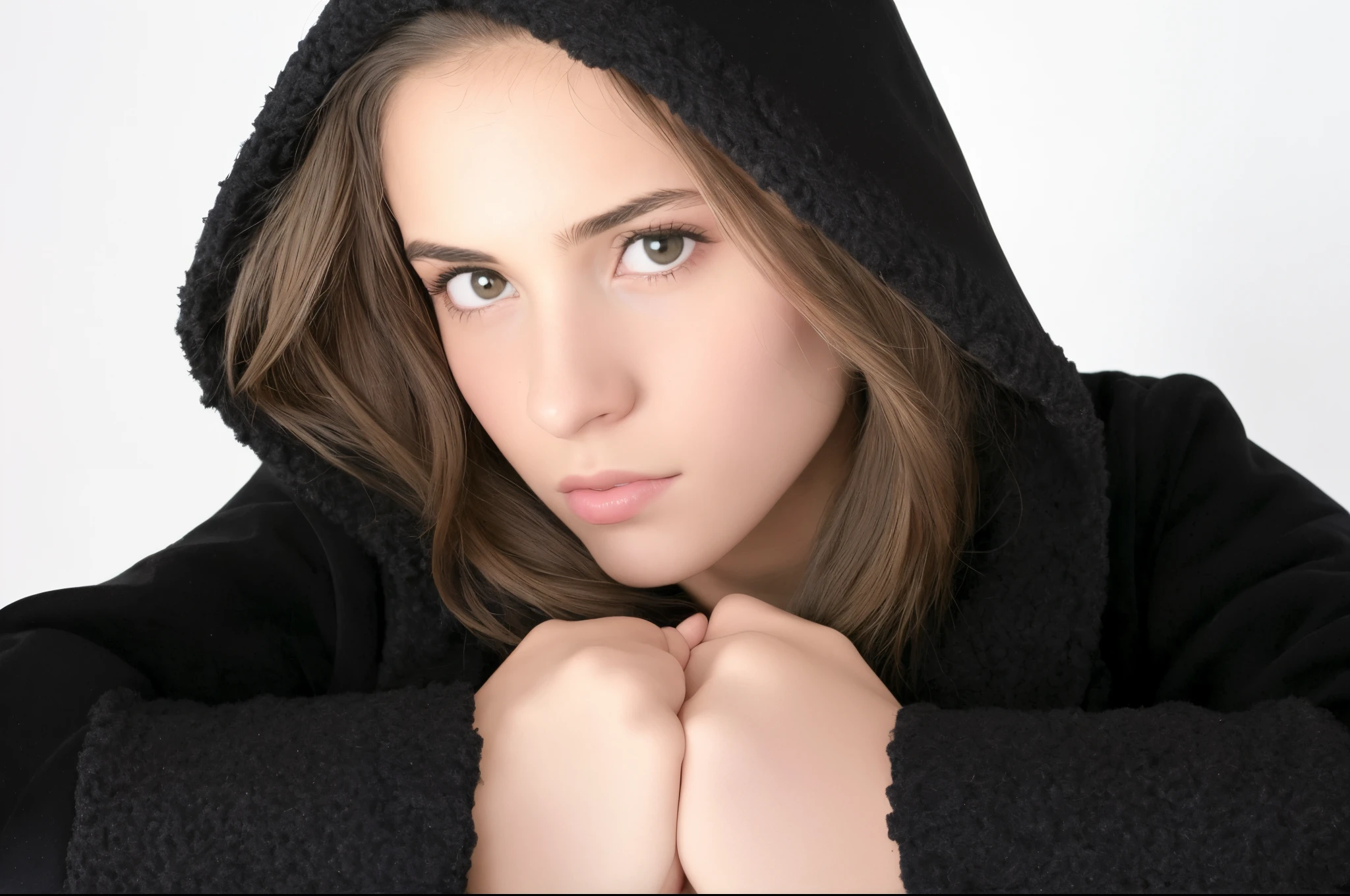 There is a woman in a black jacket posing for a photo, vestindo capuz, em um moletom preto, usando um capuz escuro, menacingly!, meninascente, menacingly!!!, menina de careto vestindo capuz, menina adolescenteido com capuz, looking threatening, com capuz, usando um capuz preto, vestindo um manto com capuz, intimidando a mulher, menacingly