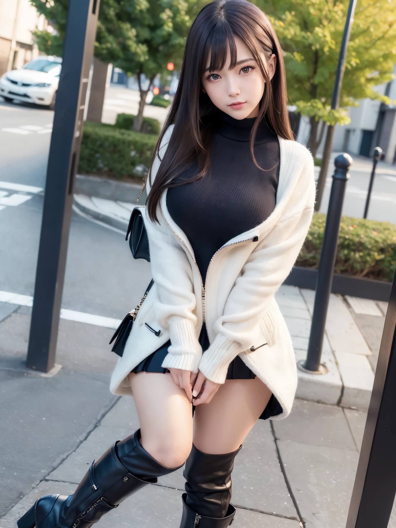 ((masterpiece)), ((best quality)), (ultra-detailed), realistic, real, 1girl, solo, a Japanese young pretty girl , hyper cute face , glamorous figure , large breast , long bob hair , city, town, daytime, autumn, (Large white jacket), (black turtleneck sweater), (black pleated miniskirt), (black boots), (shoulder bag), ((beautiful eyes)), dynamic angle, full body,front view ,a big smile,glossy lips, double eyelids for both eyes, natural makeup, shiny smooth light brown hair of long bob hair, asymmetrical bangs, high resolution, high detail, detailed hairstyle, detailed face, cinematic lighting, octane rendering, hyper realistic, perfect limbs, perfect anatomy